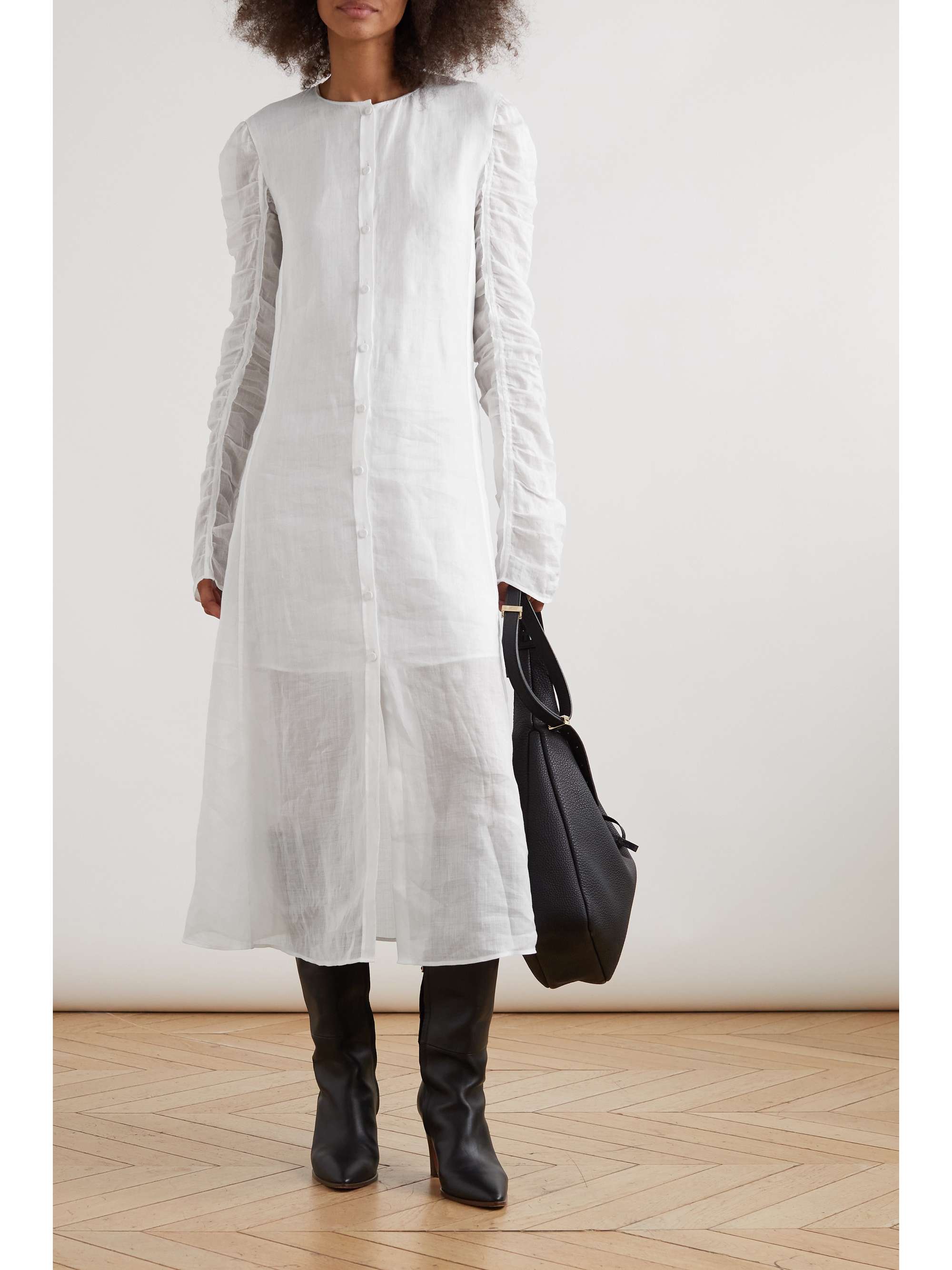 CHLOÉ Ruched ramie midi shirt dress