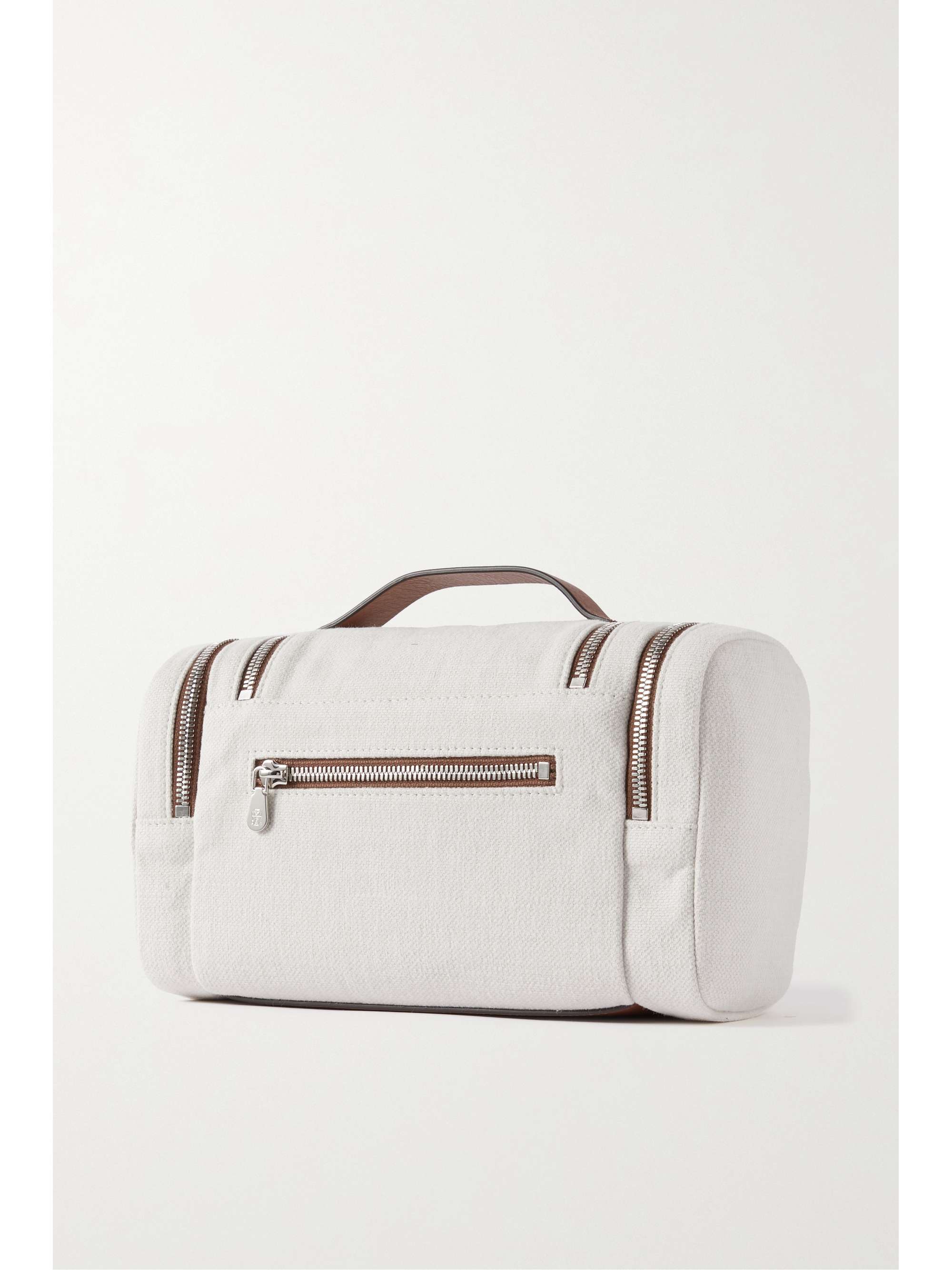 Kosmetiktasche aus Canvas aus einer Baumwoll Leinenmischung mit Lederbesatzen weiB EinheitsgroBe