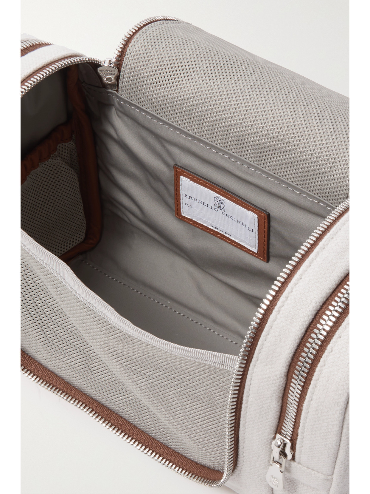 BRUNELLO CUCINELLI LEATHER-TRIMMED COTTON AND LINEN-BLEND CANVAS COSMETICS CASE