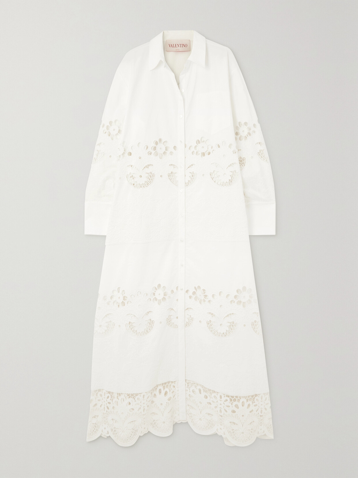 Valentino Lace-trimmed Broderie Anglaise Cotton Maxi Shirt Dress In White