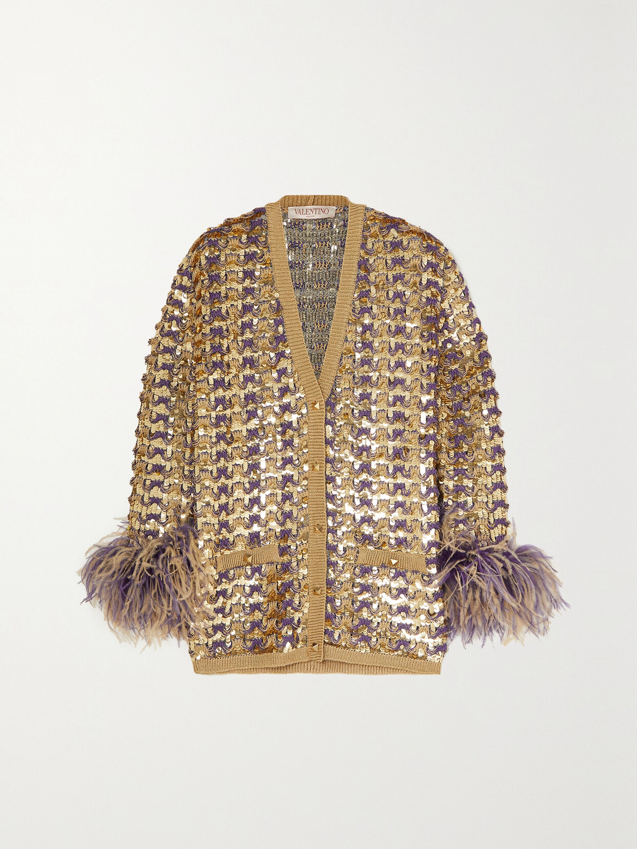 Valentino Garavani - Feather-trimmed Sequined Knitted Cardigan - Gold