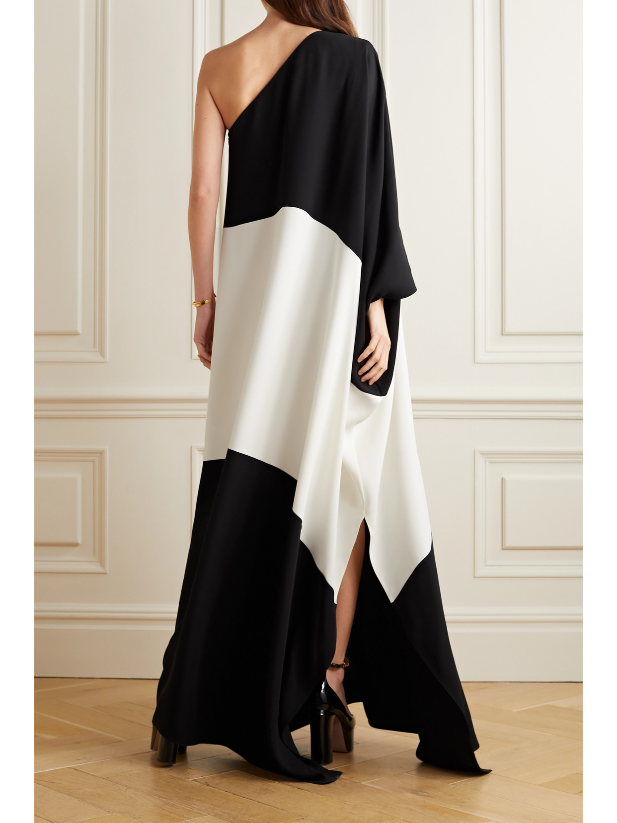 Shop Valentino One-sleeve Two-tone Silk-cady Gown In Black