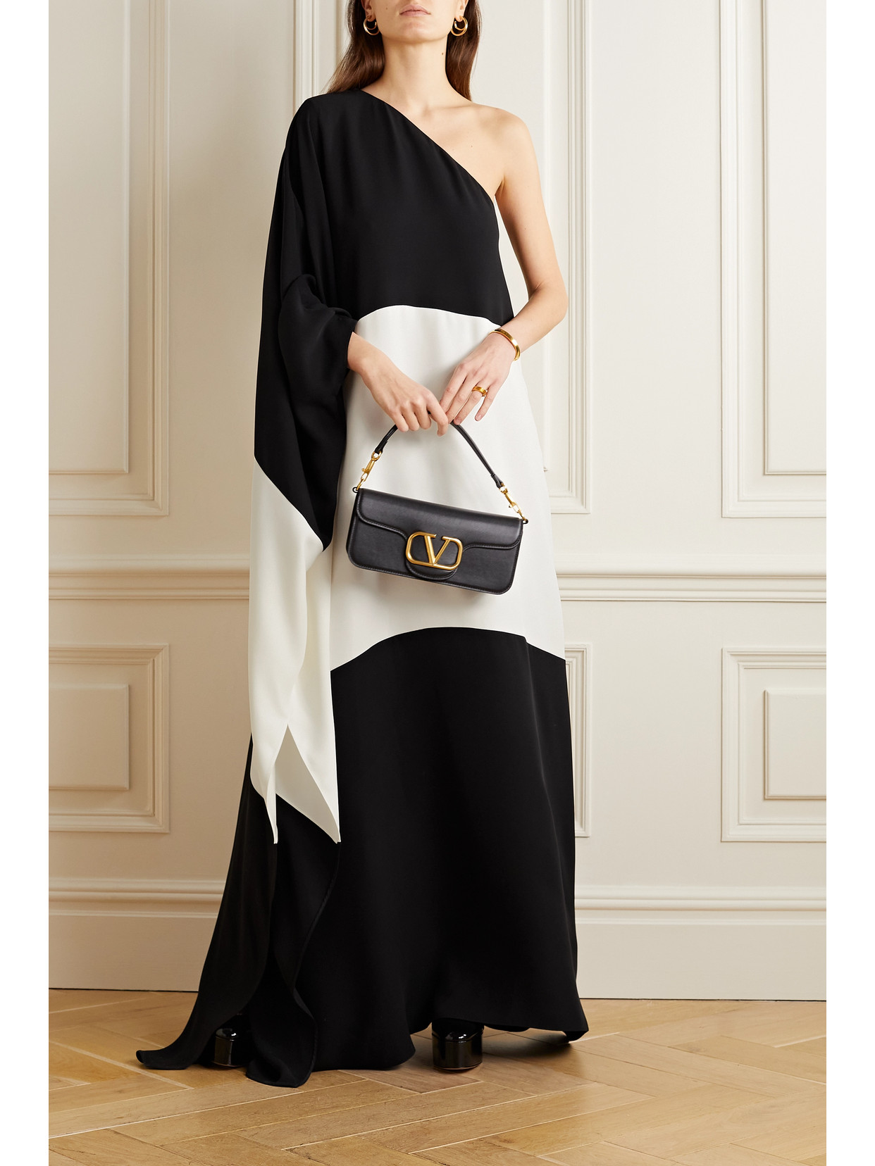 Valentino One-sleeve Two-tone Silk-cady Gown In Black