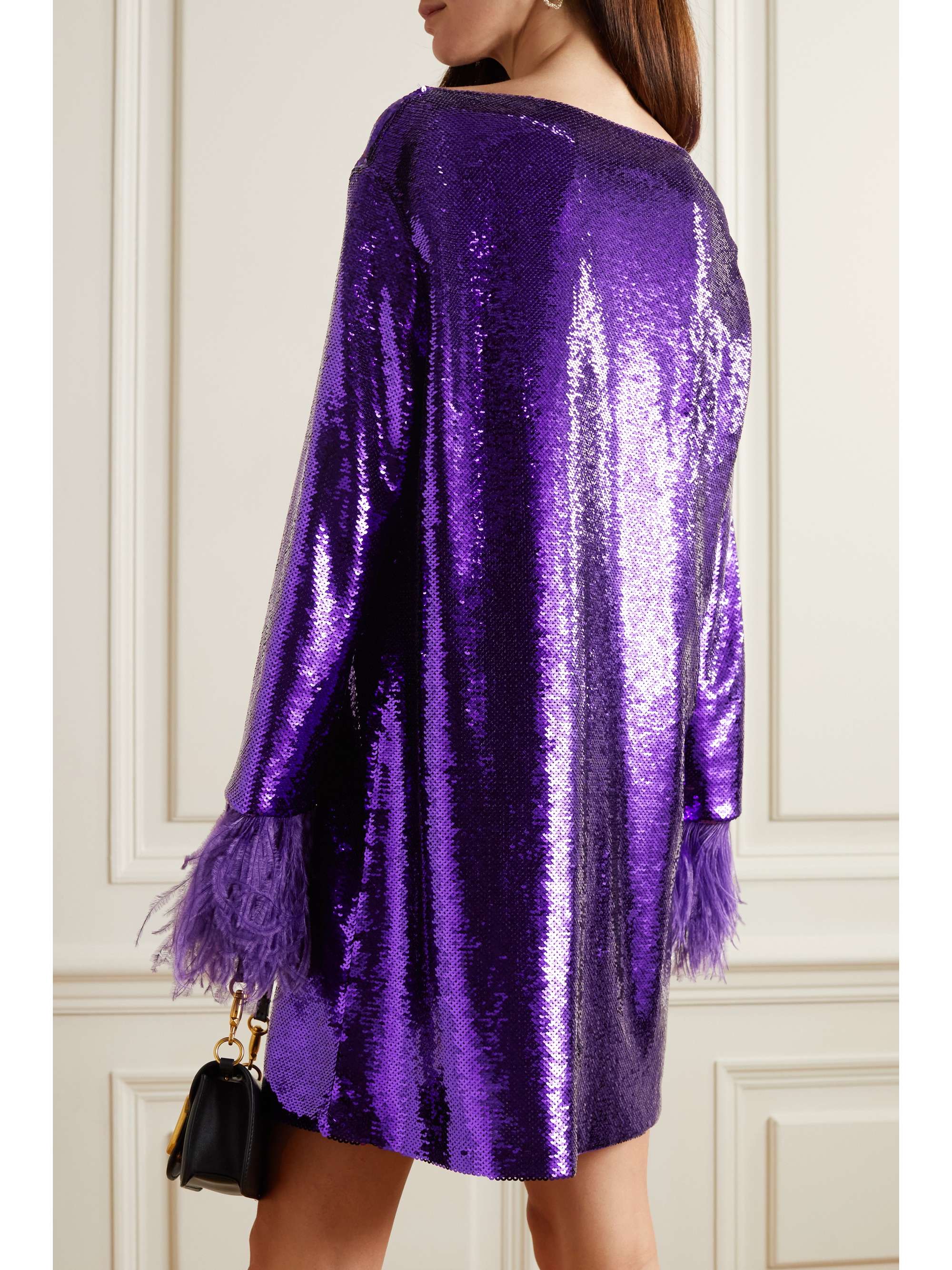 VALENTINO GARAVANI Feather-trimmed sequined tulle mini dress
