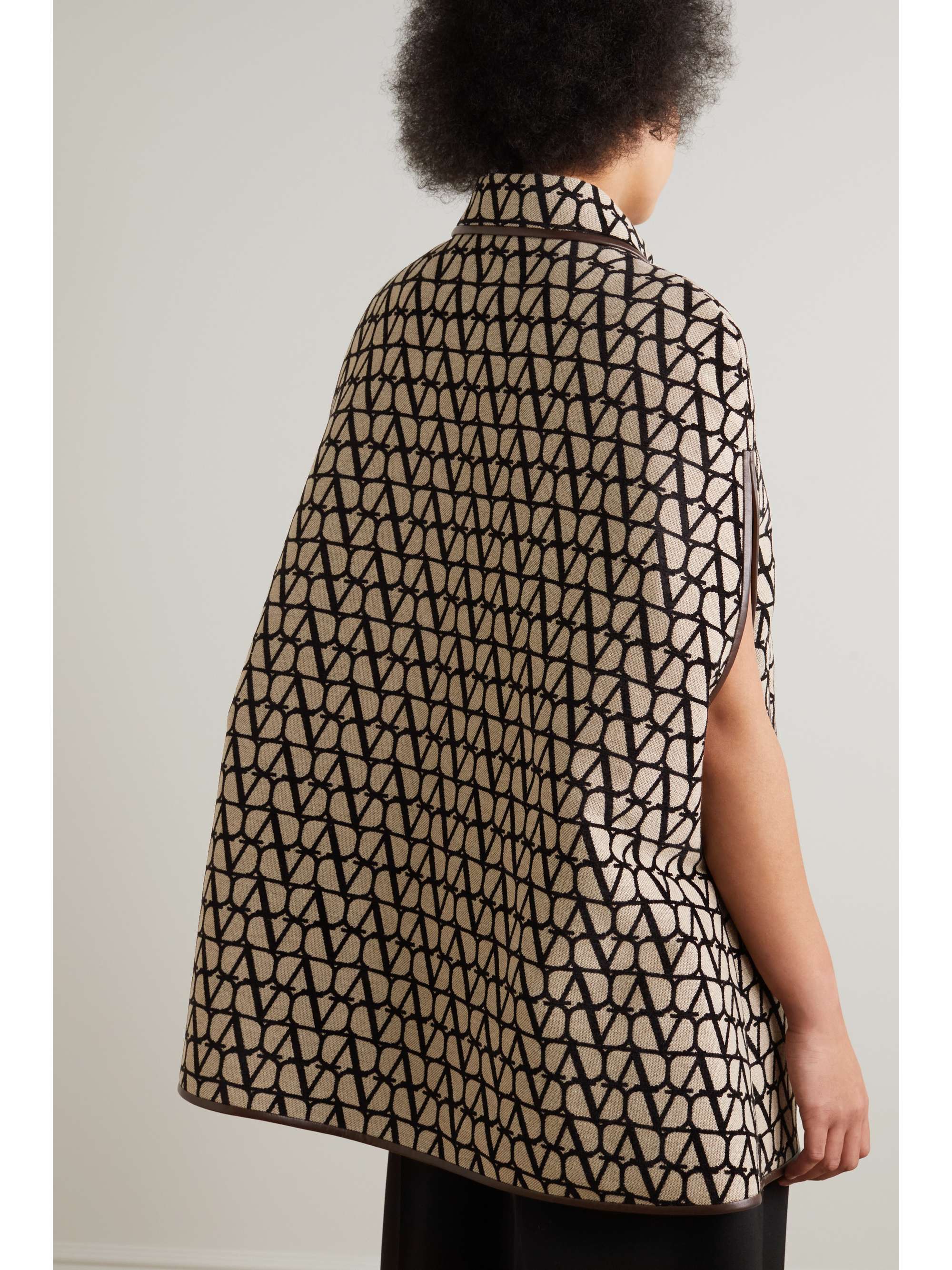 VALENTINO Leather-trimmed canvas-jacquard cape