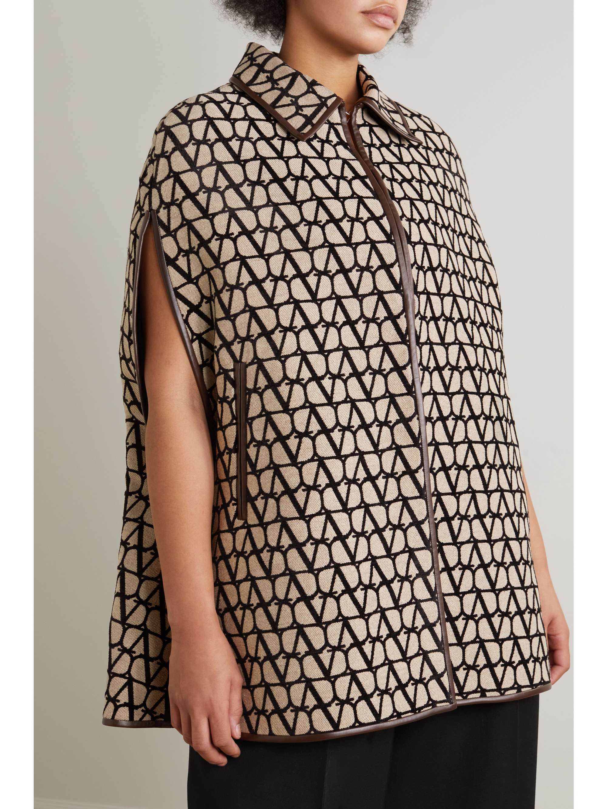 VALENTINO Leather-trimmed canvas-jacquard cape