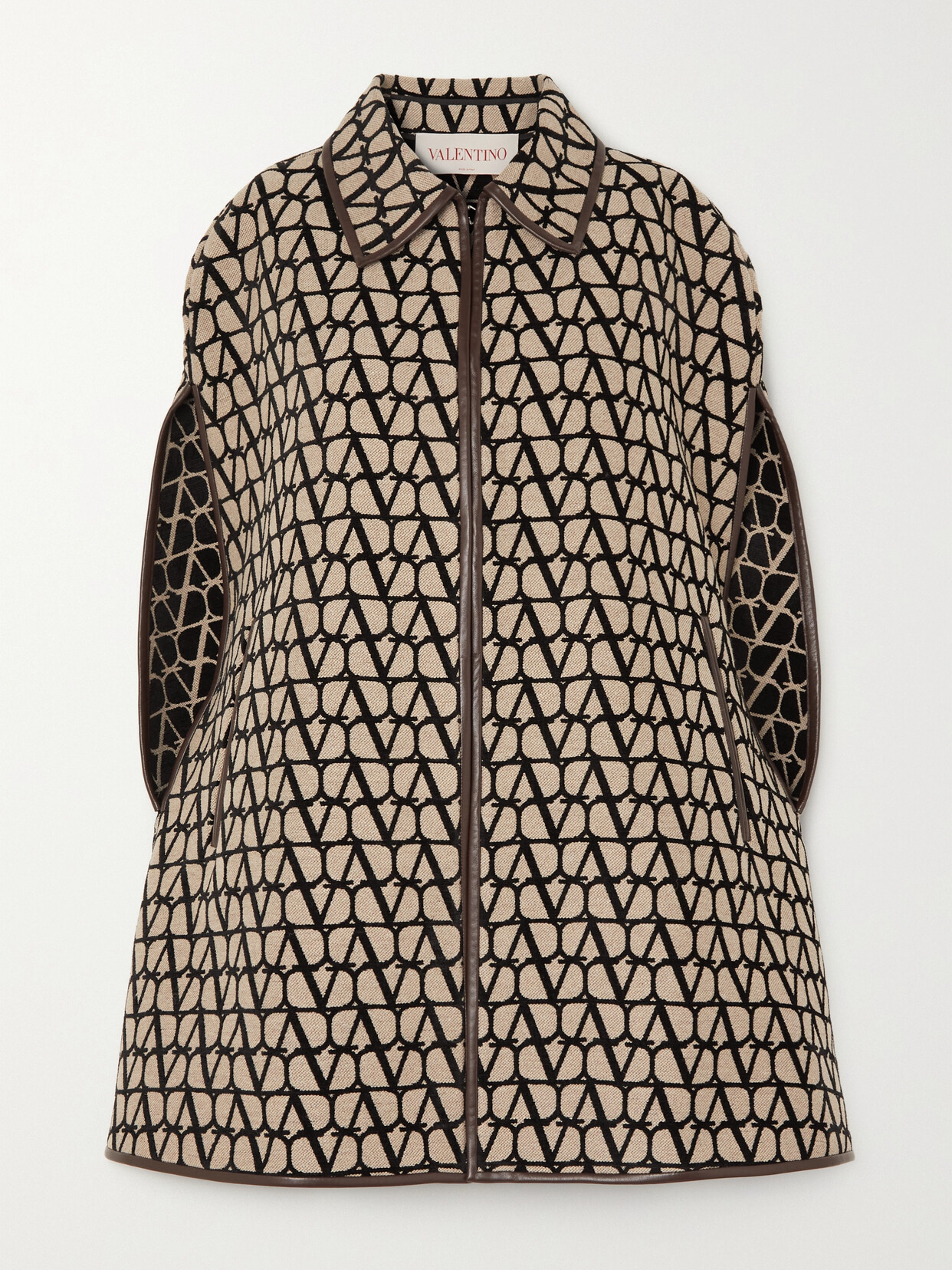 Valentino - Leather-trimmed Canvas-jacquard Cape - Brown