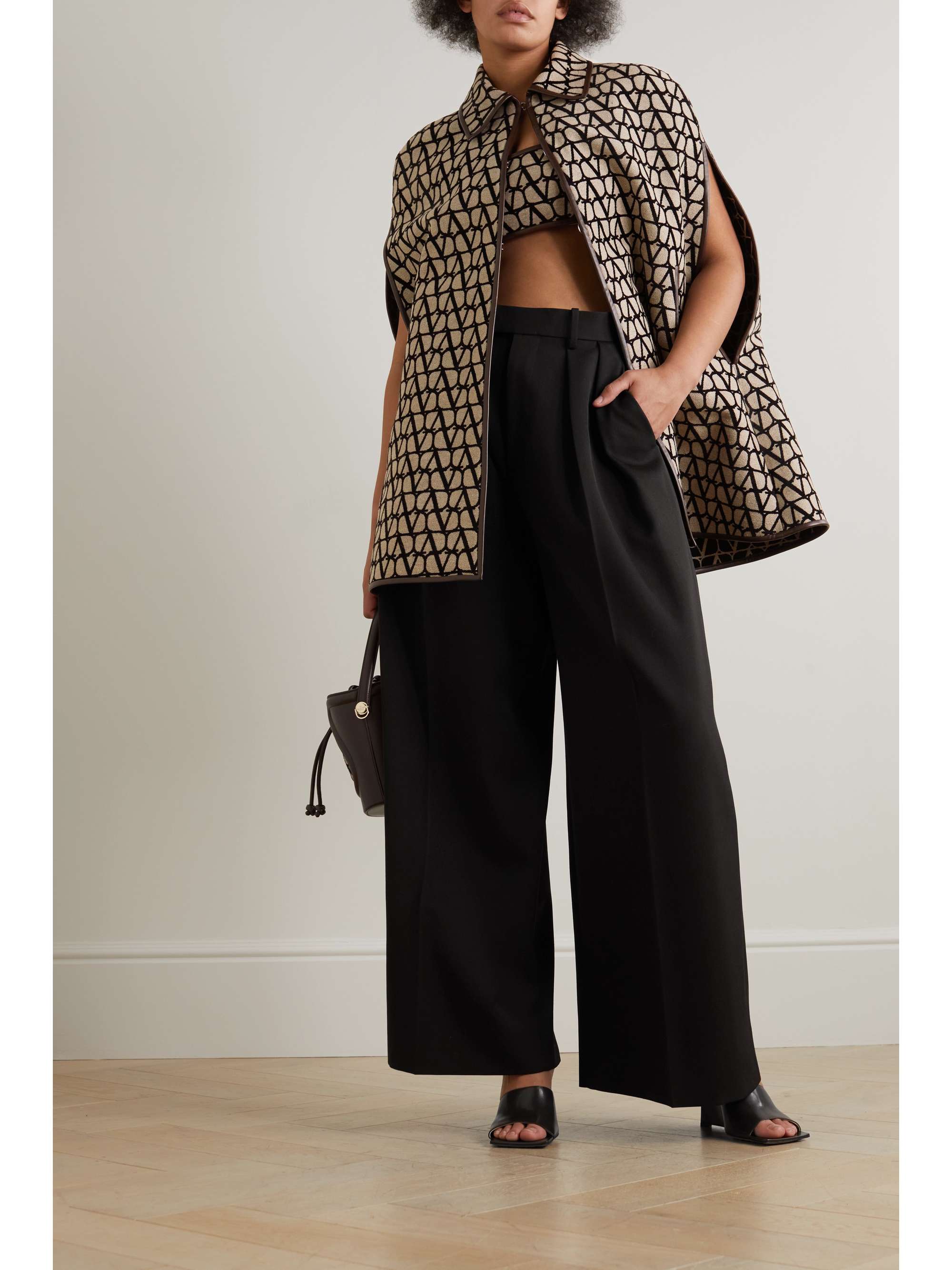 VALENTINO Leather-trimmed canvas-jacquard cape