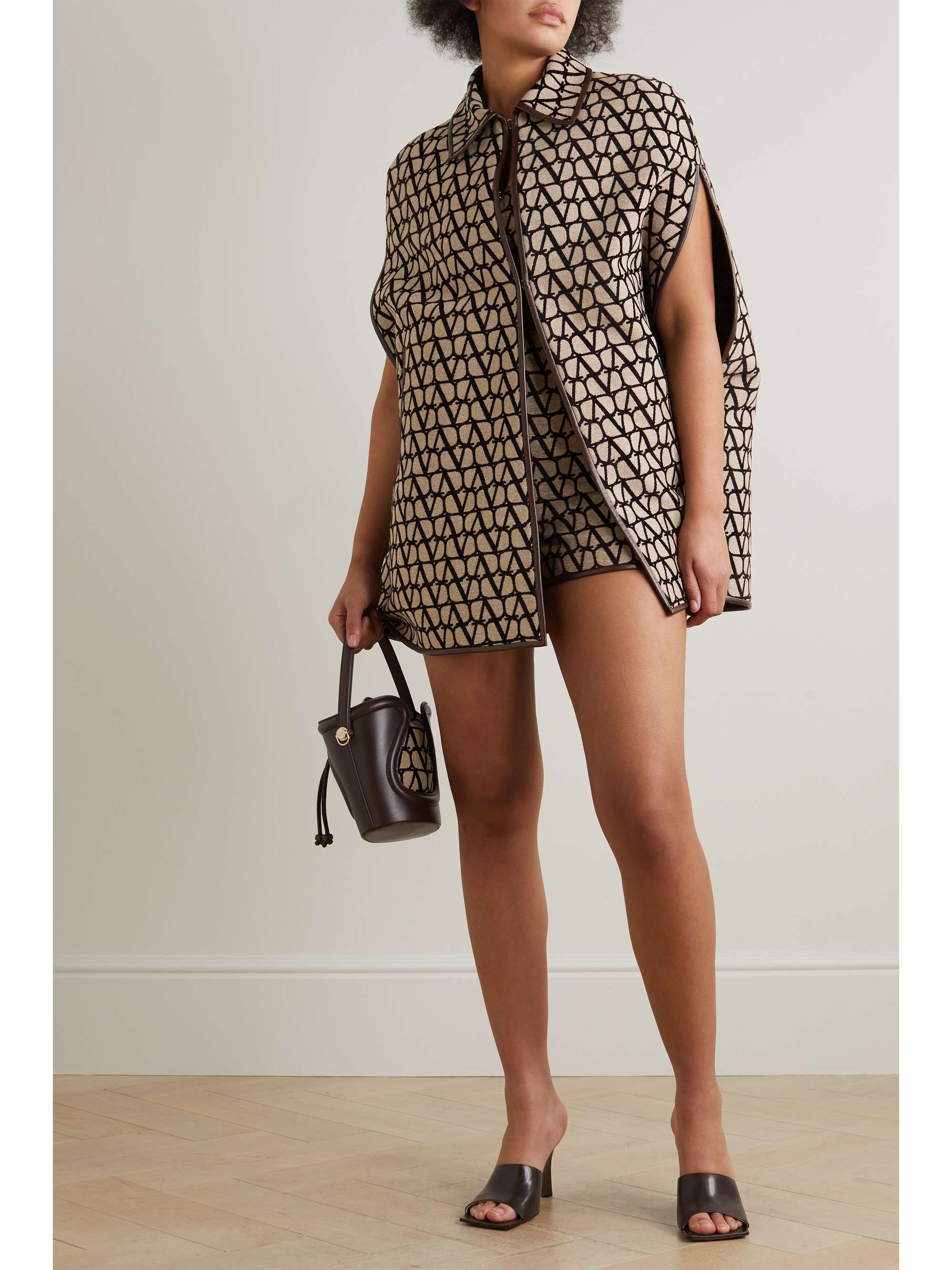 VALENTINO Leather-trimmed canvas-jacquard cape