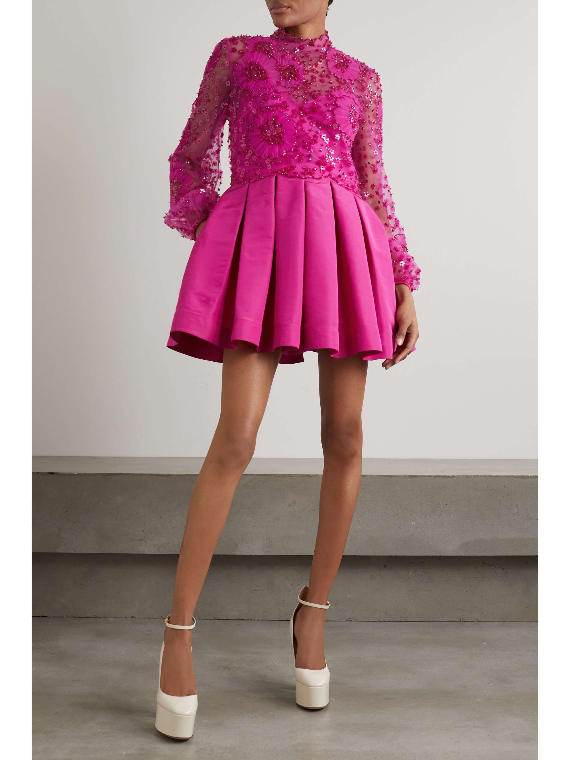 VALENTINO Embellished tulle and silk-faille mini dress