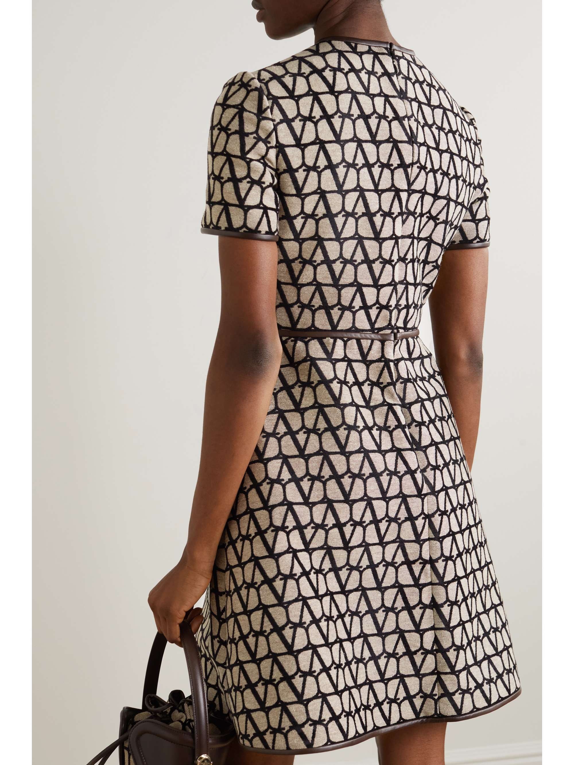 Leather-trimmed jacquard mini dress