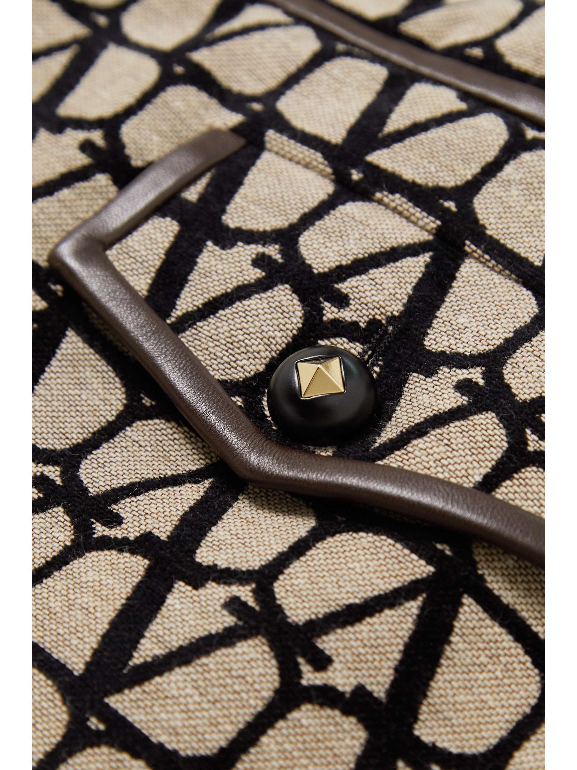 Leather-trimmed jacquard mini dress