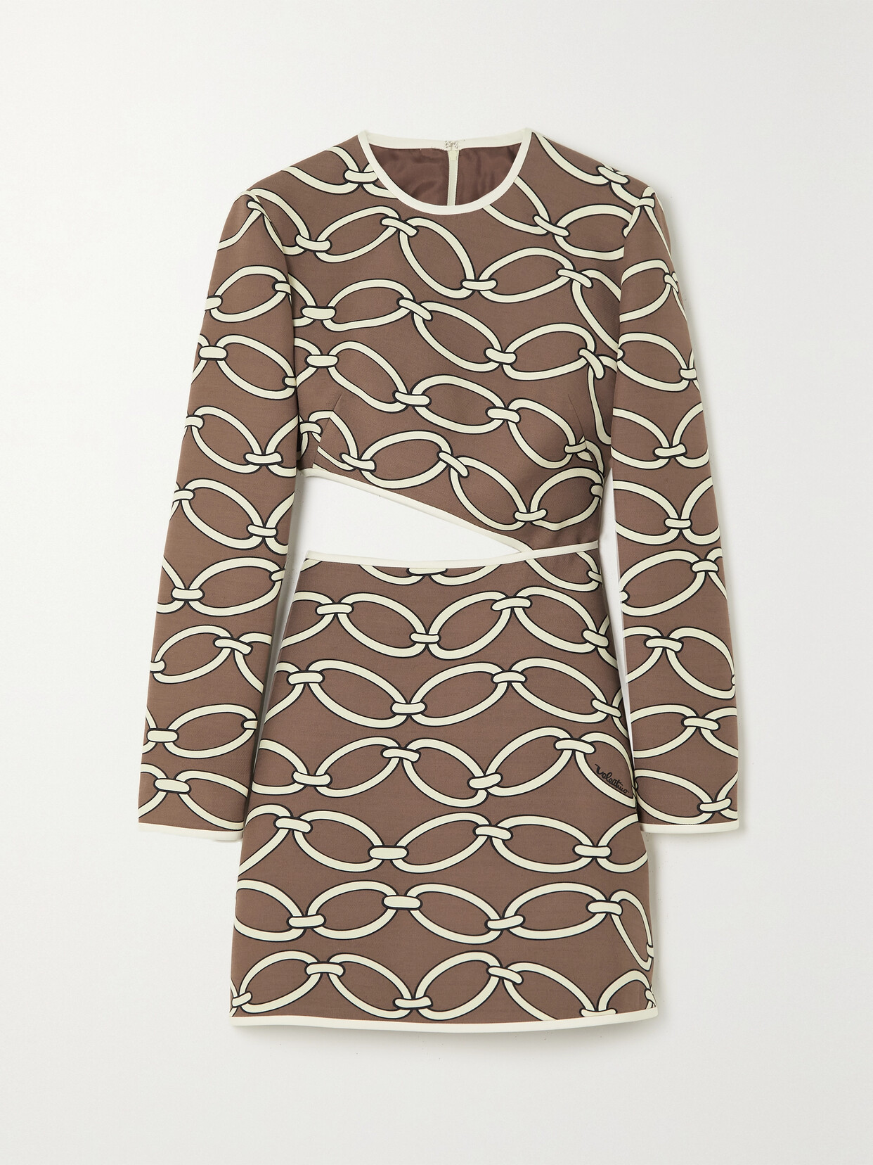 Valentino Cutout Printed Wool And Silk-blend Crepe Mini Dress In Brown