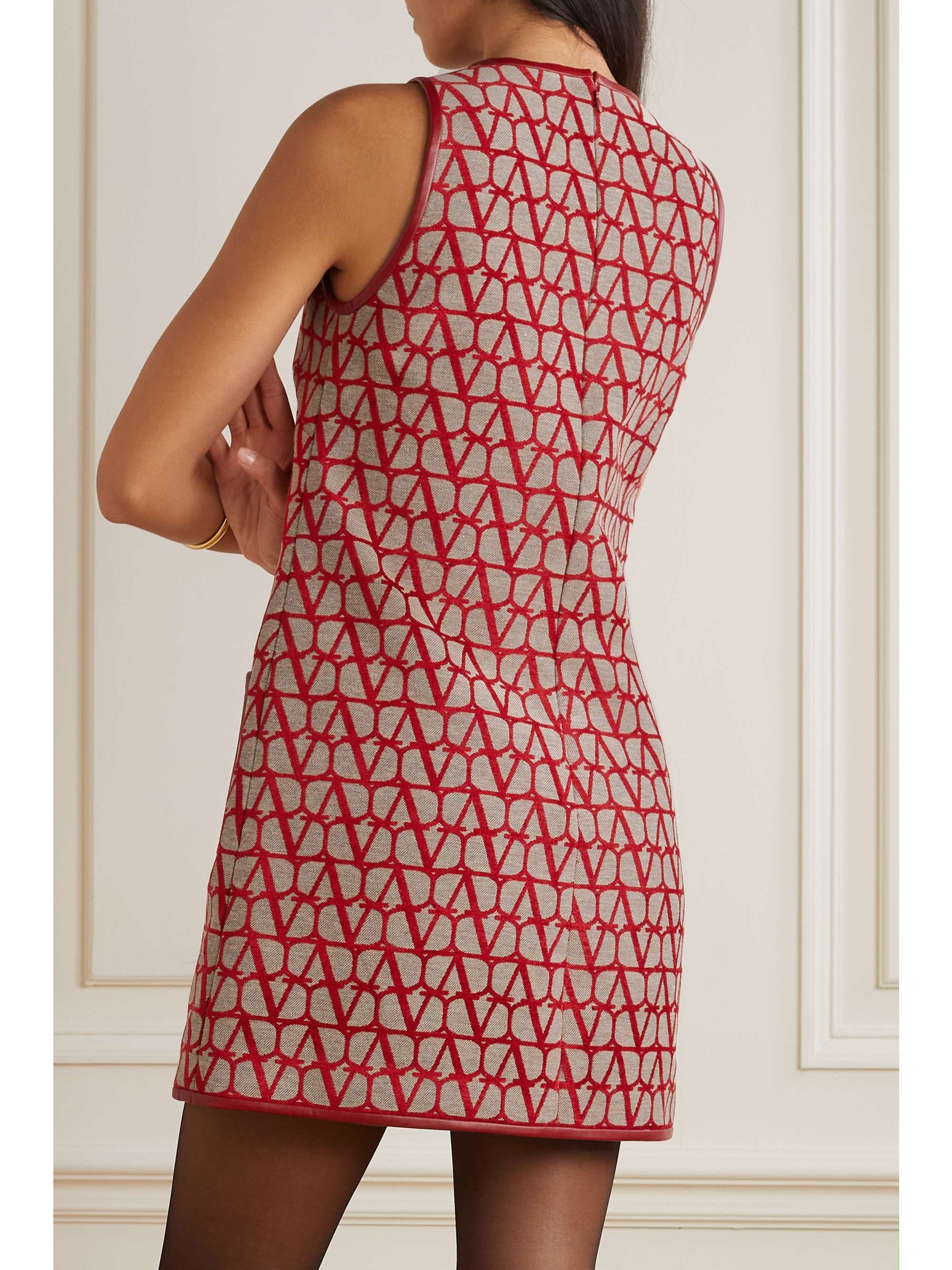 Red Toile Iconographe leather-trimmed flocked canvas mini dress