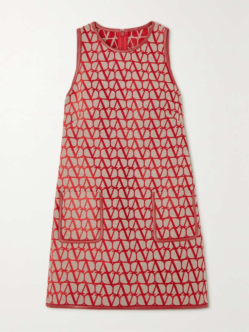 Valentino Garavani Toile Iconographe Leather-trimmed Flocked Canvas Mini Dress