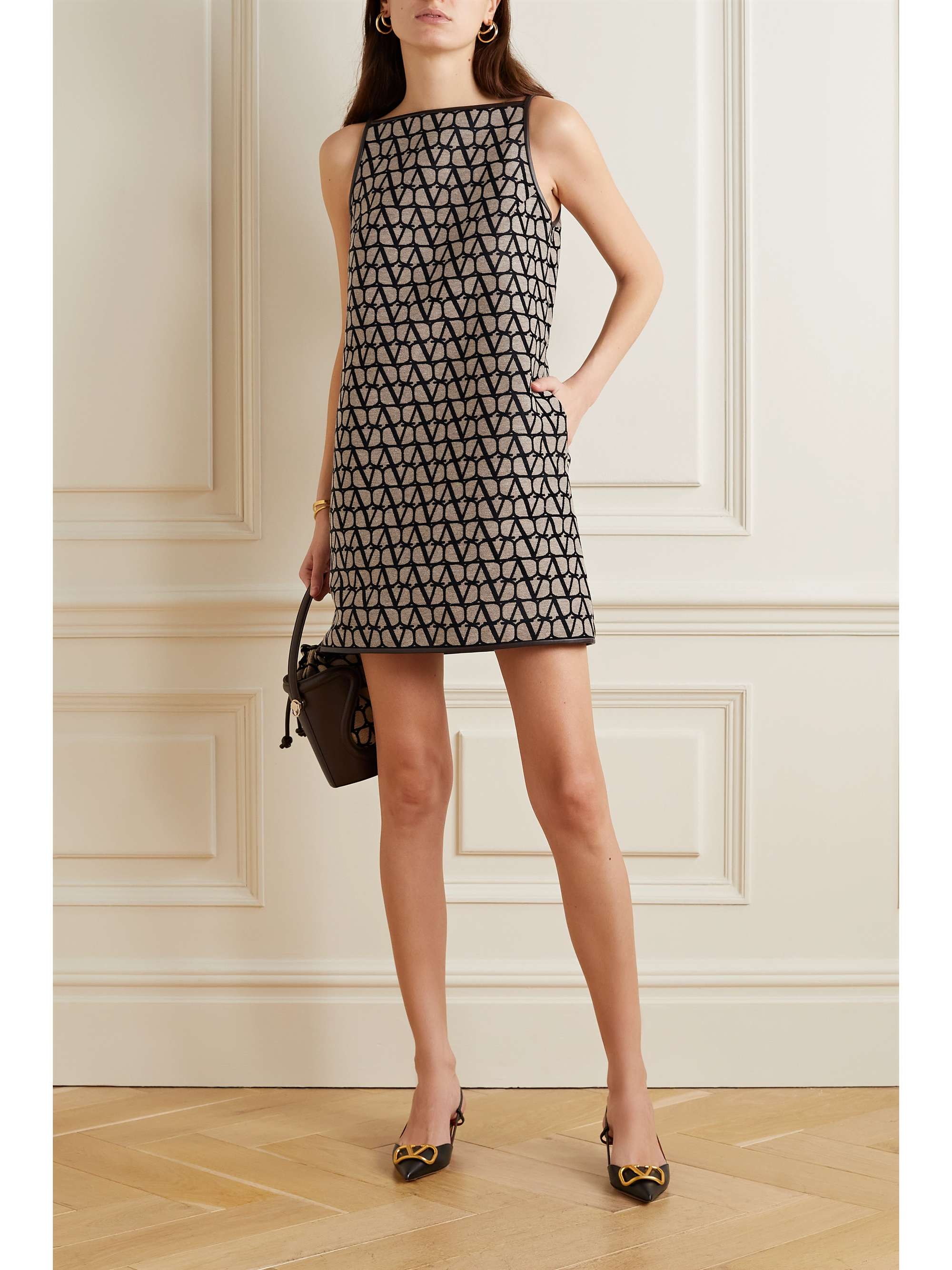 Leather-trimmed canvas-jacquard mini dress