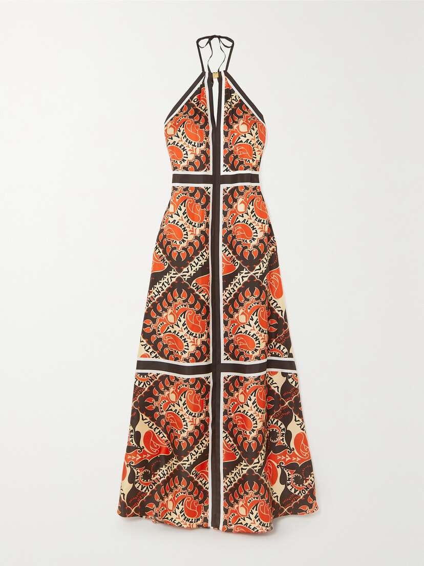 Valentino Garavani Open-back Embellished Printed Silk-twill Halterneck Gown
