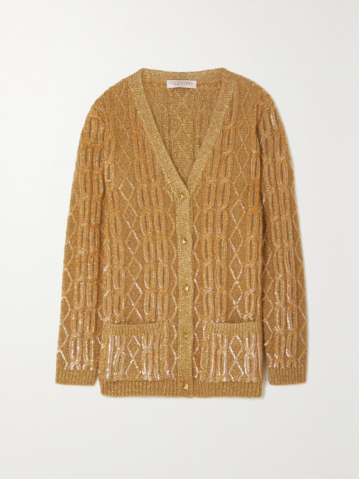 Shop Valentino Sequined Metallic Cable-knit Cardigan In Gold