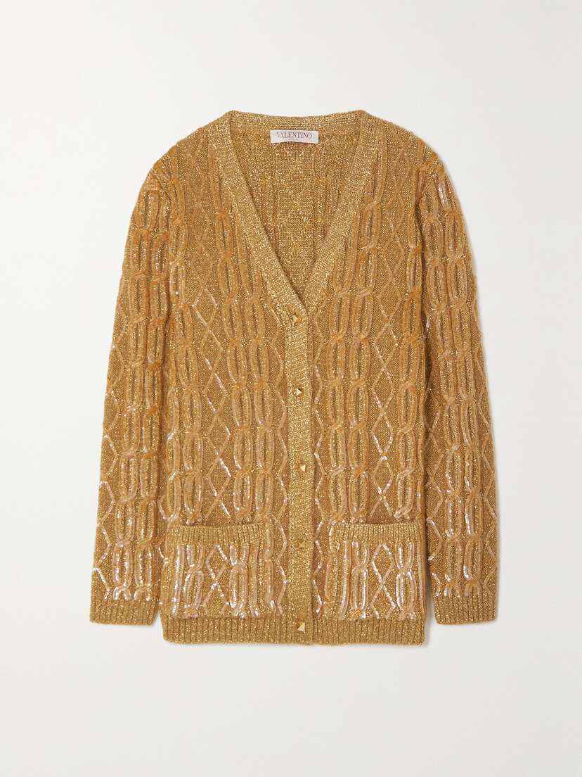 Valentino Garavani Sequined Metallic Cable-knit Cardigan