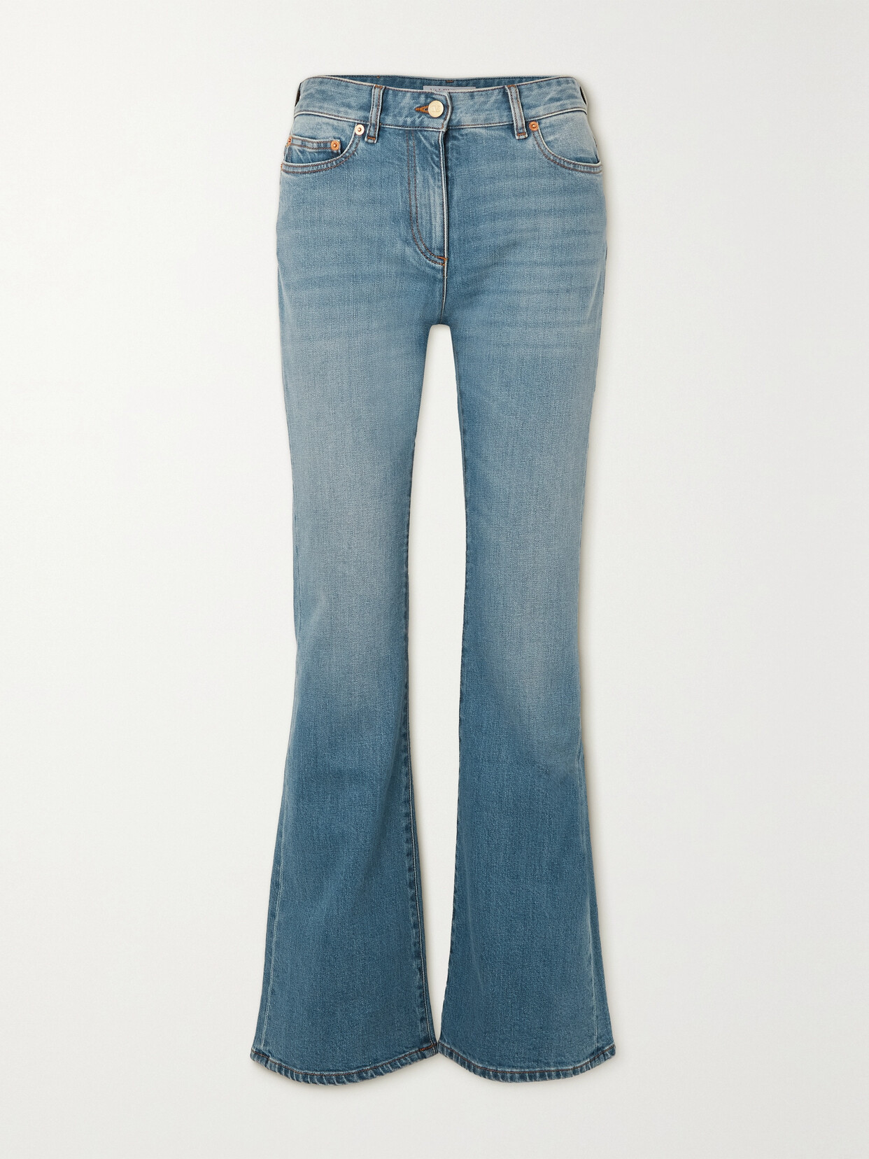 Shop Valentino Chain-embellished High-rise Flared Jeans In Blue