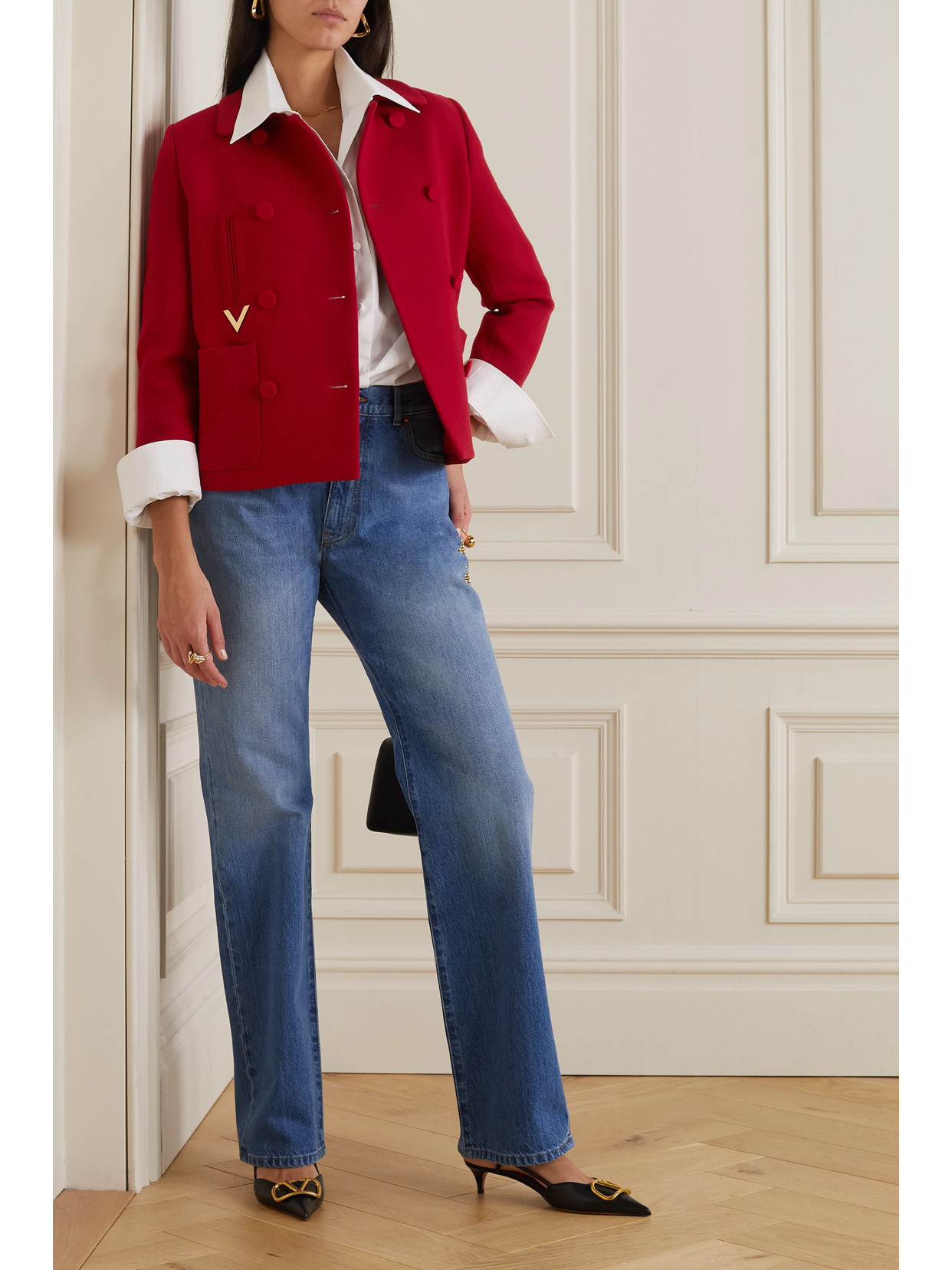 Shop Valentino Double-breasted Embellished Wool-blend Jacket In Red