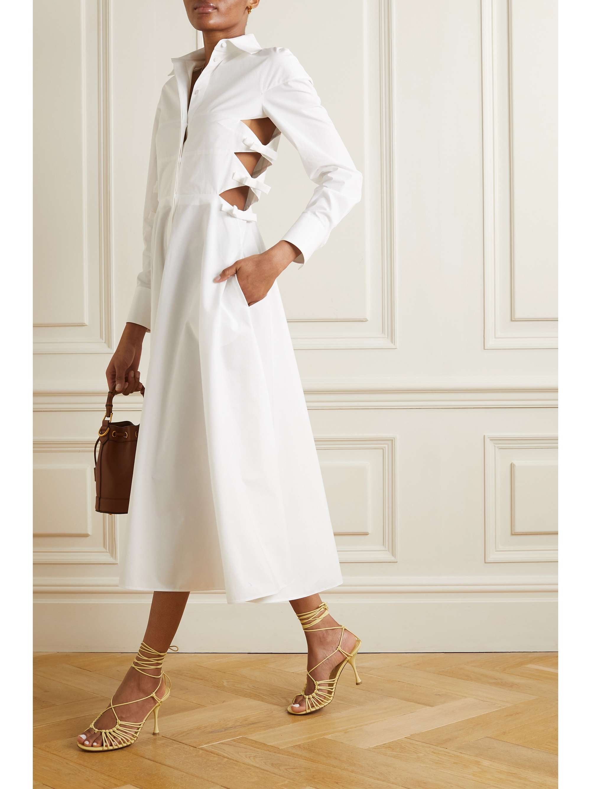VALENTINO Bow-detailed cutout cotton-poplin midi shirt dress