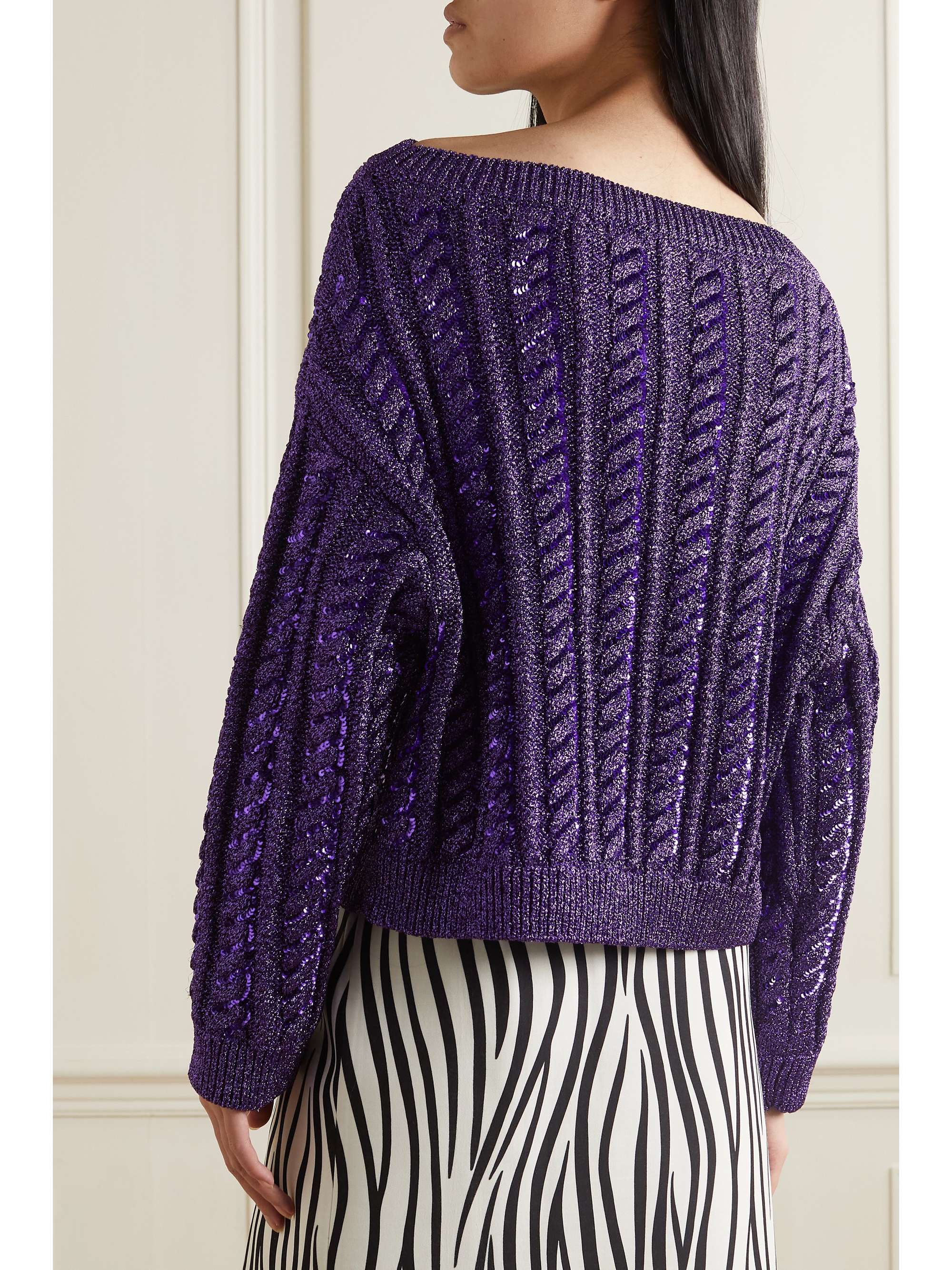 VALENTINO Off-the-shoulder sequined metallic knitted sweater
