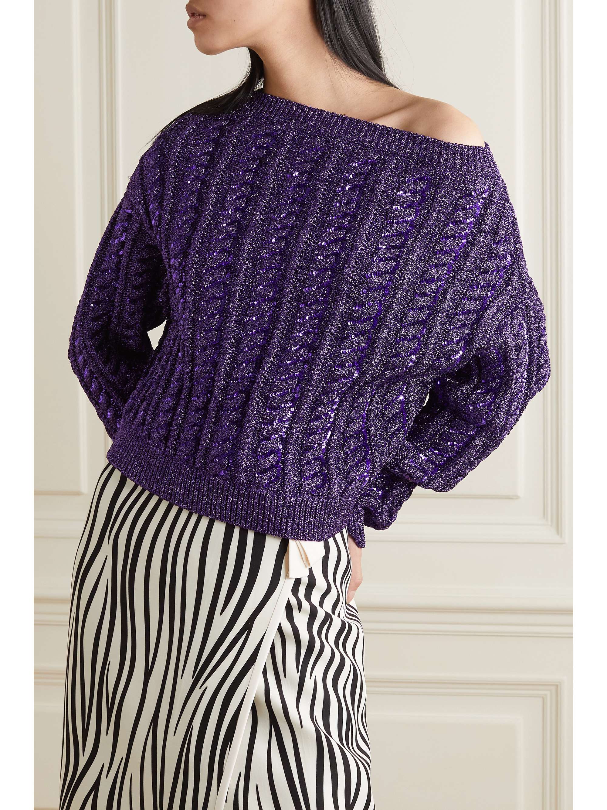 VALENTINO Off-the-shoulder sequined metallic knitted sweater