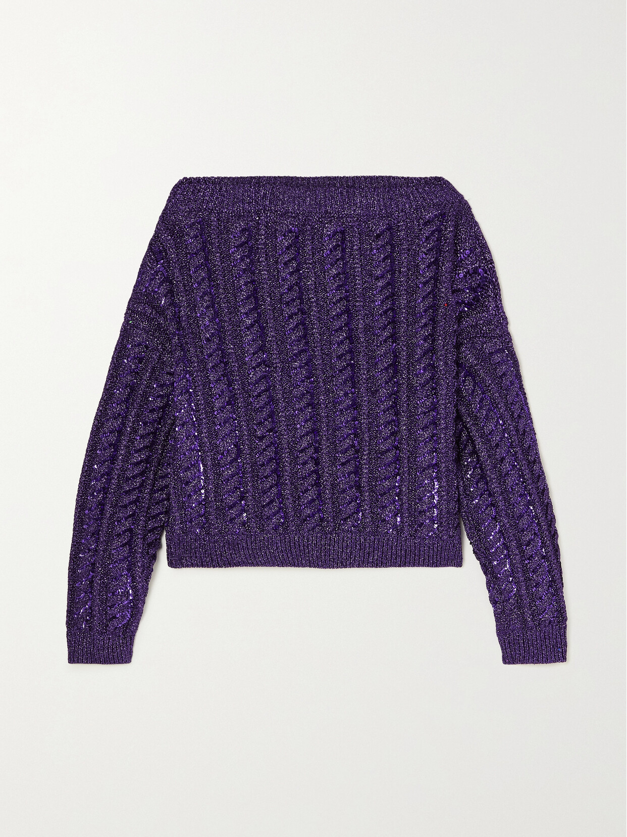 Valentino Metallic Sequin Boat-neck Cable Sweater In Purple