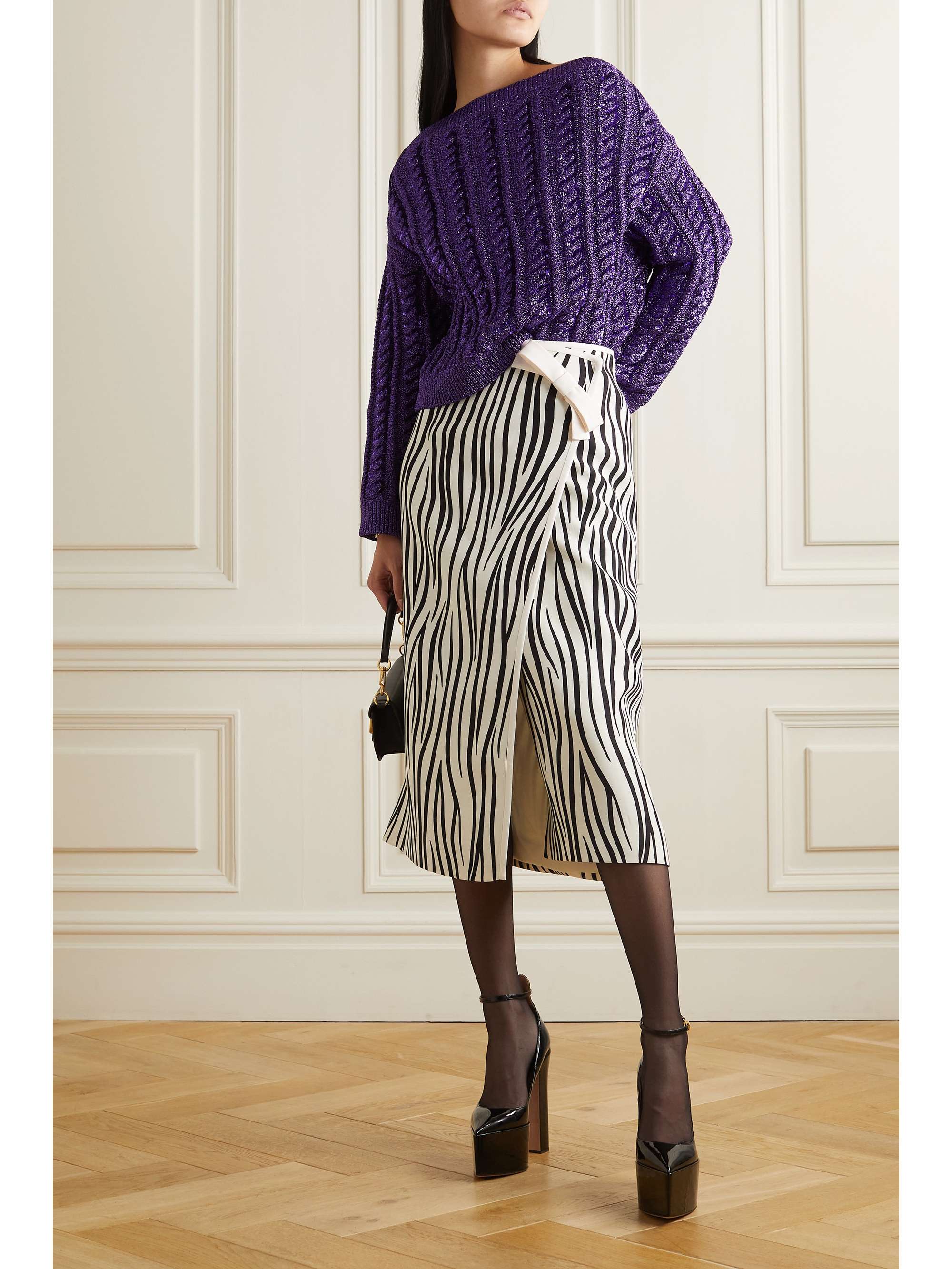 VALENTINO Off-the-shoulder sequined metallic knitted sweater