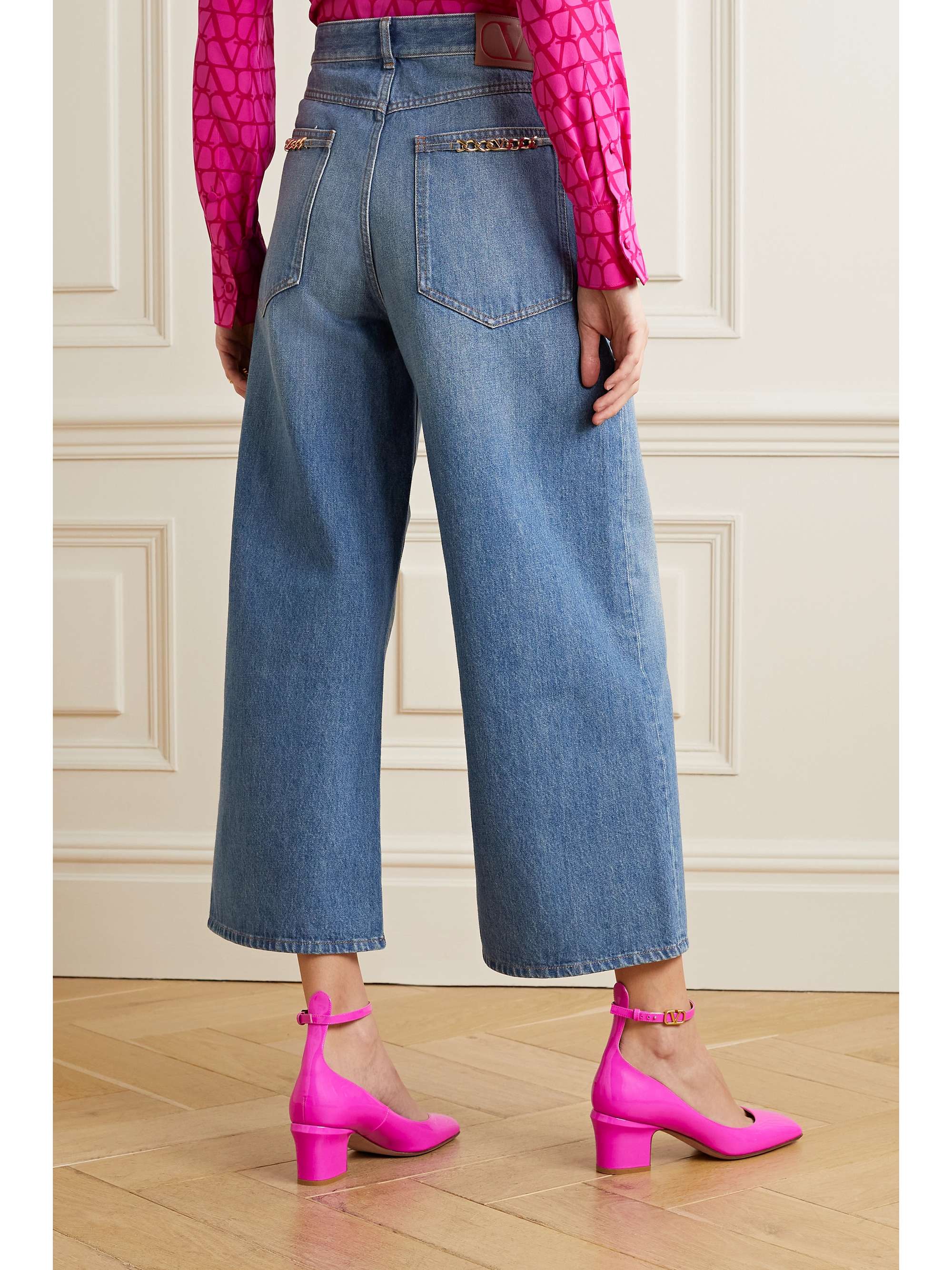 VALENTINO GARAVANI Chain-embellished cropped high-rise wide-leg jeans