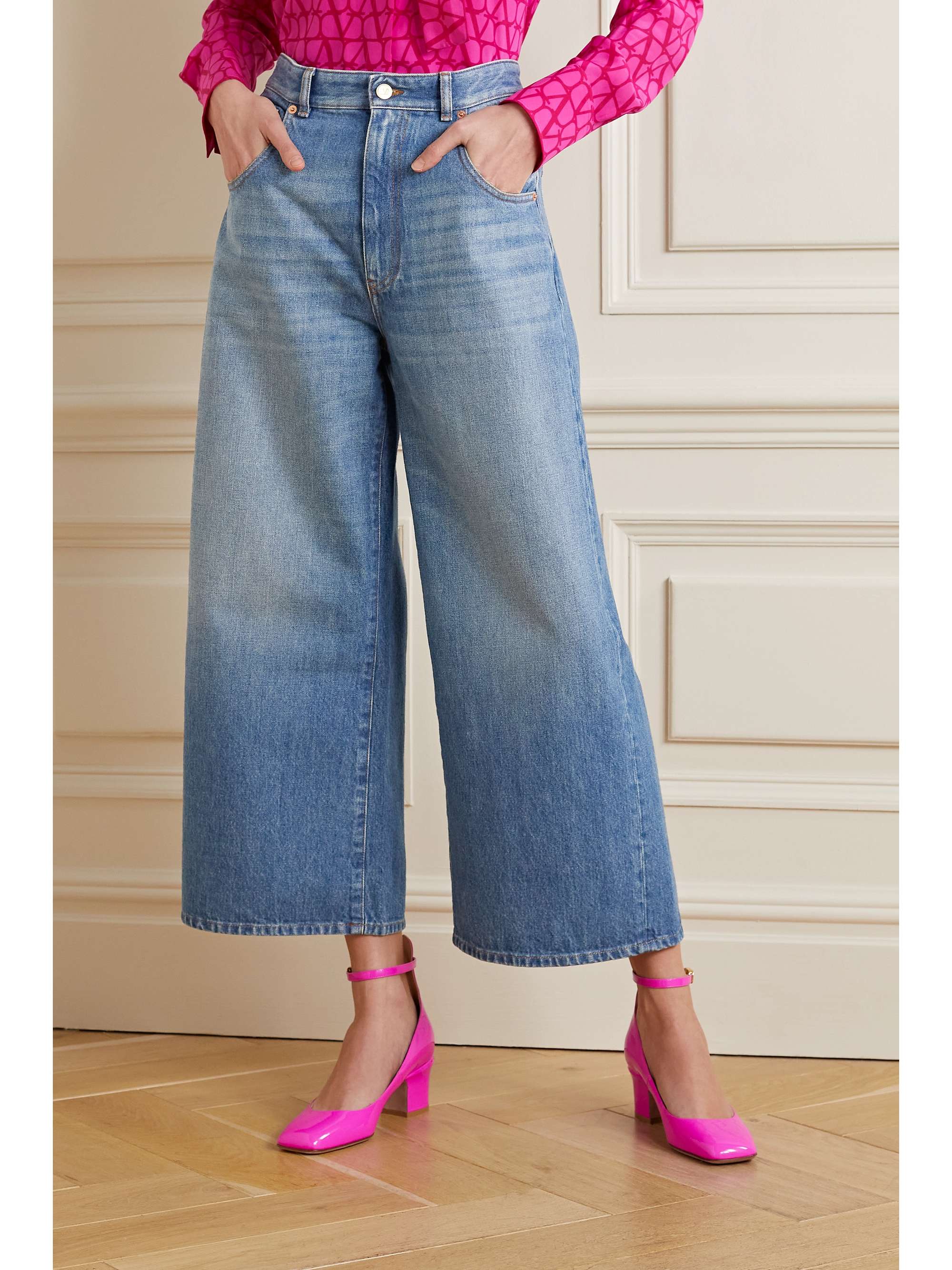 VALENTINO GARAVANI Chain-embellished cropped high-rise wide-leg jeans
