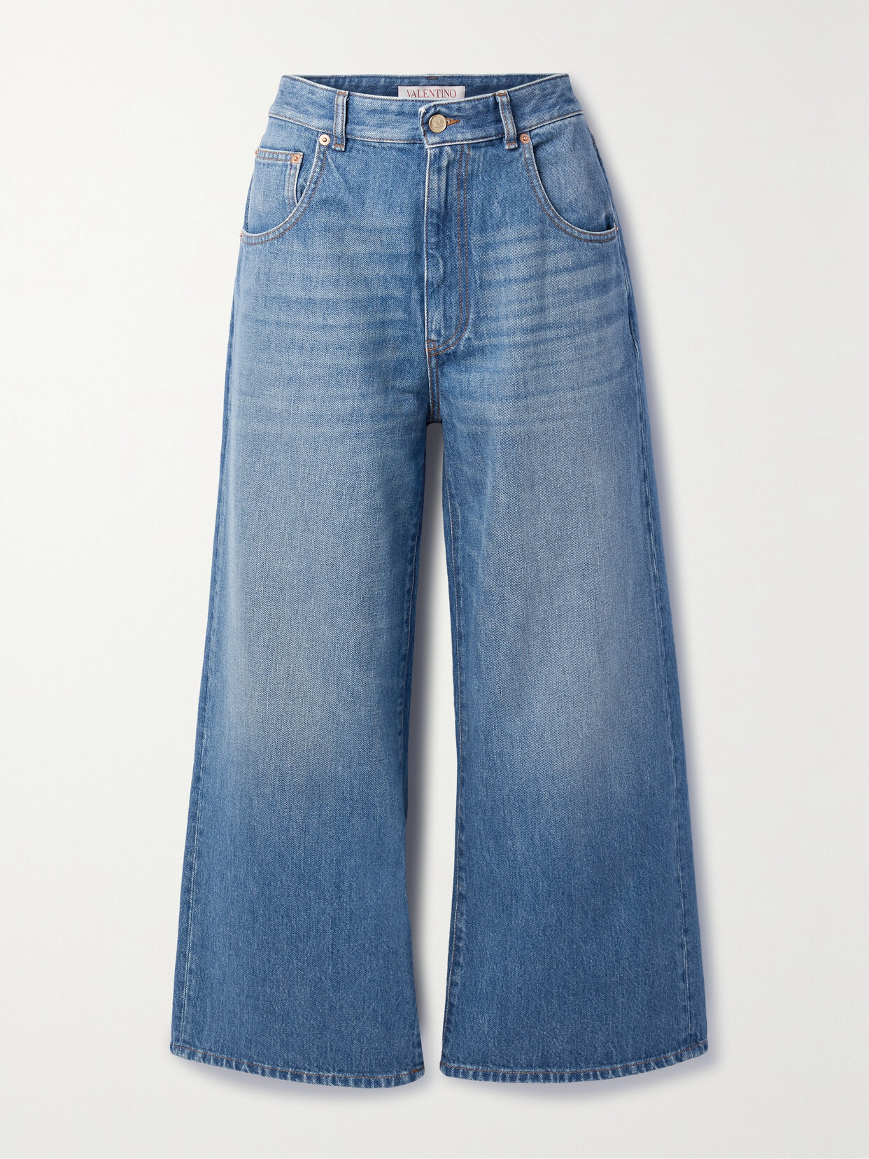 Shop Valentino Chain-embellished Cropped High-rise Wide-leg Jeans In Blue