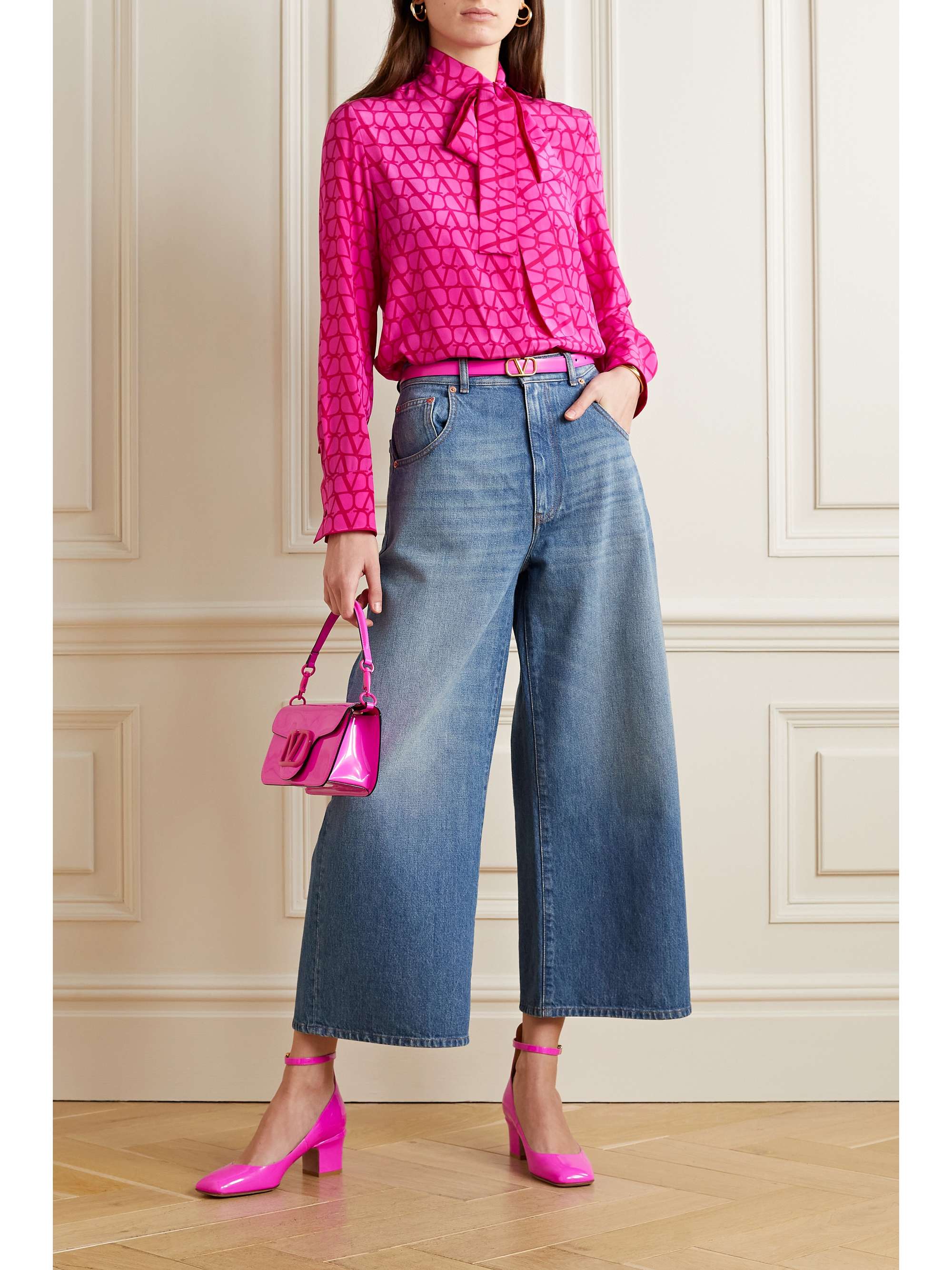 VALENTINO GARAVANI Chain-embellished cropped high-rise wide-leg jeans