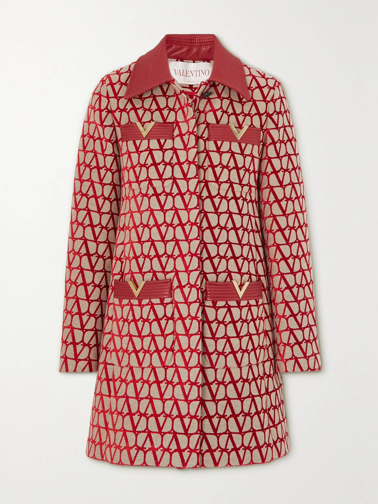 Valentino Garavani - Toile Iconographe Leather-trimmed Flocked Canvas Coat - Red