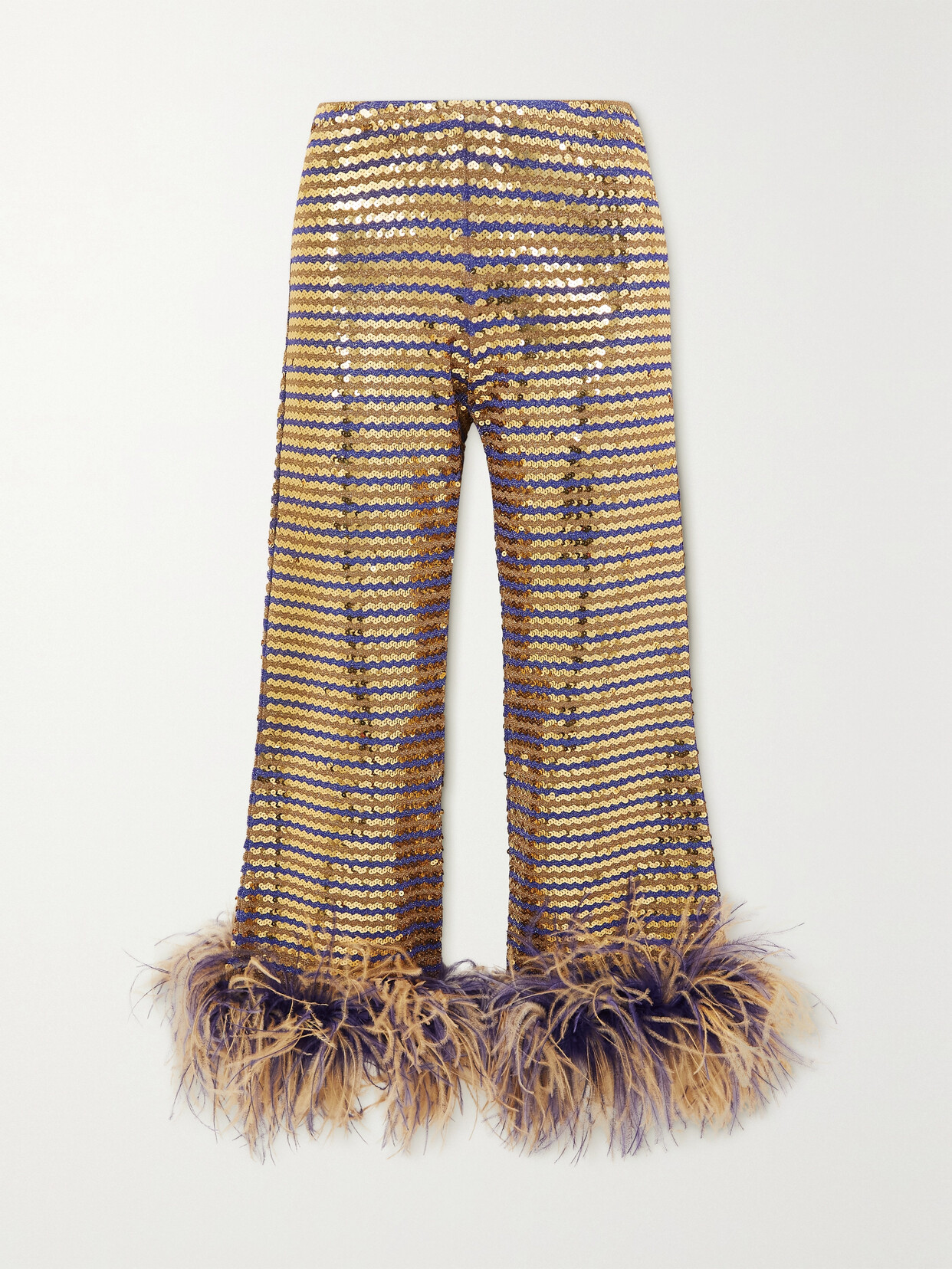 Valentino Cropped Feather-trimmed Sequined Lurex Wide-leg Pants In Gold