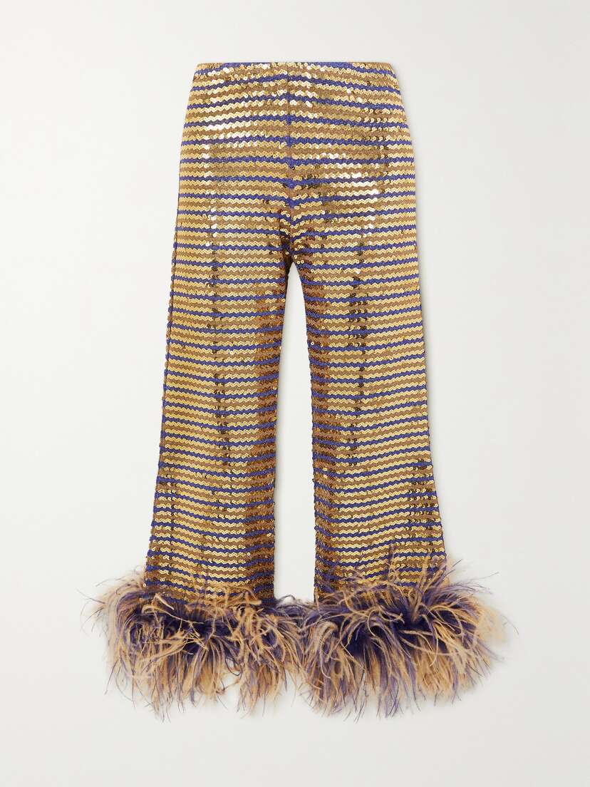Valentino Garavani Cropped Feather-trimmed Sequined Lurex Wide-leg Pants