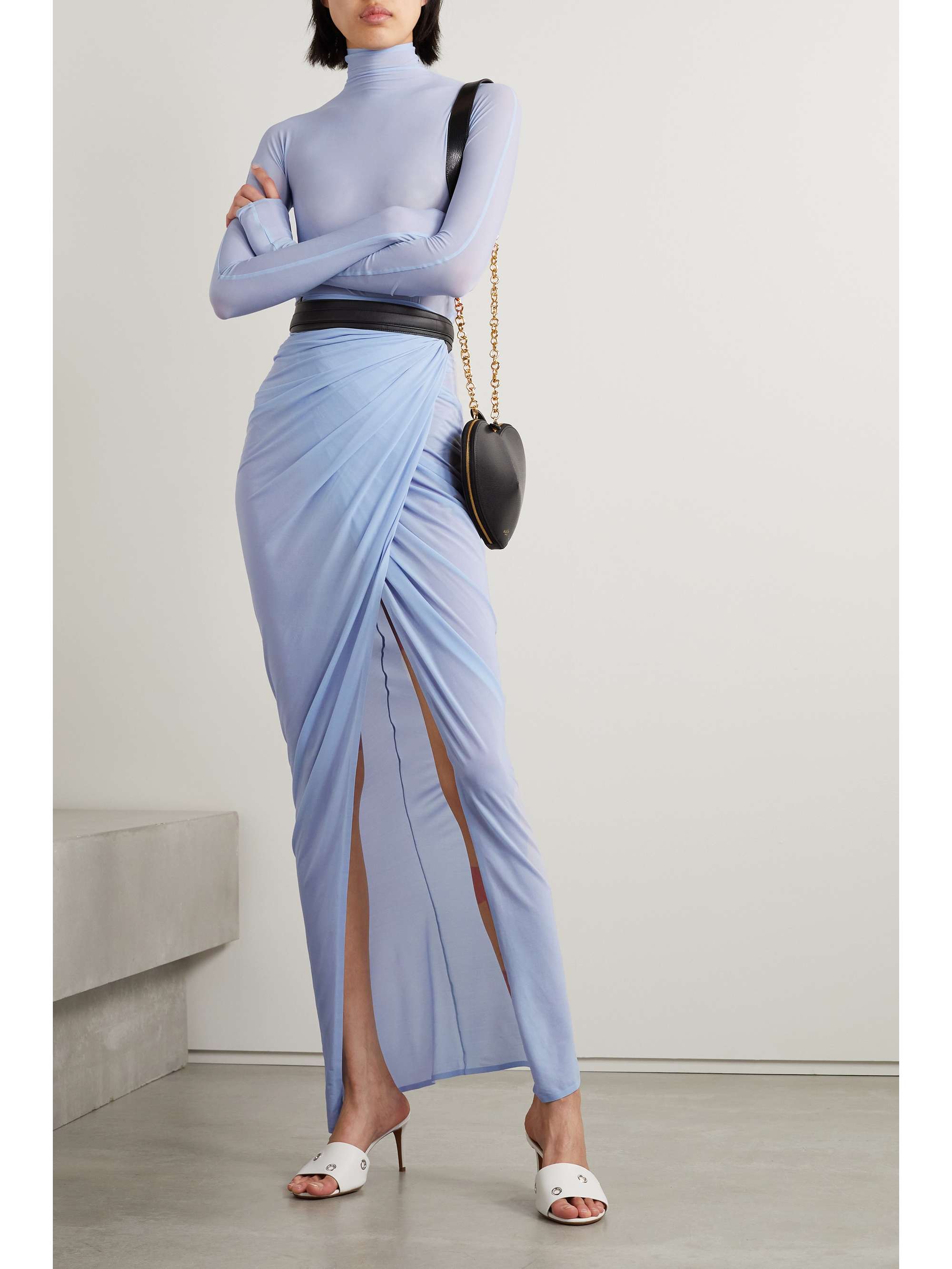 Alaïa - Gathered Leather-trimmed Stretch-jersey Maxi Wrap Skirt - Blue - FR44 - Net A Porter