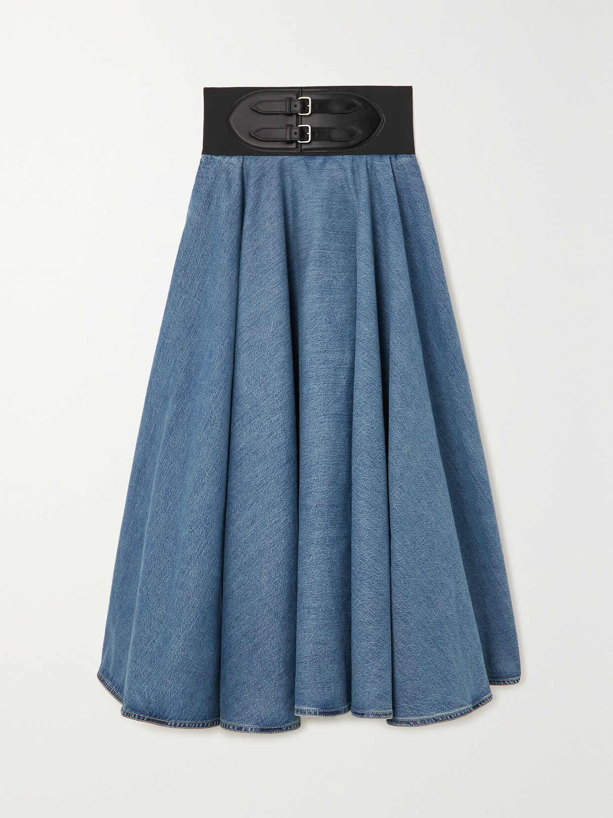 Alaïa Archetypes Leather-trimmed Belted Denim Midi Skirt