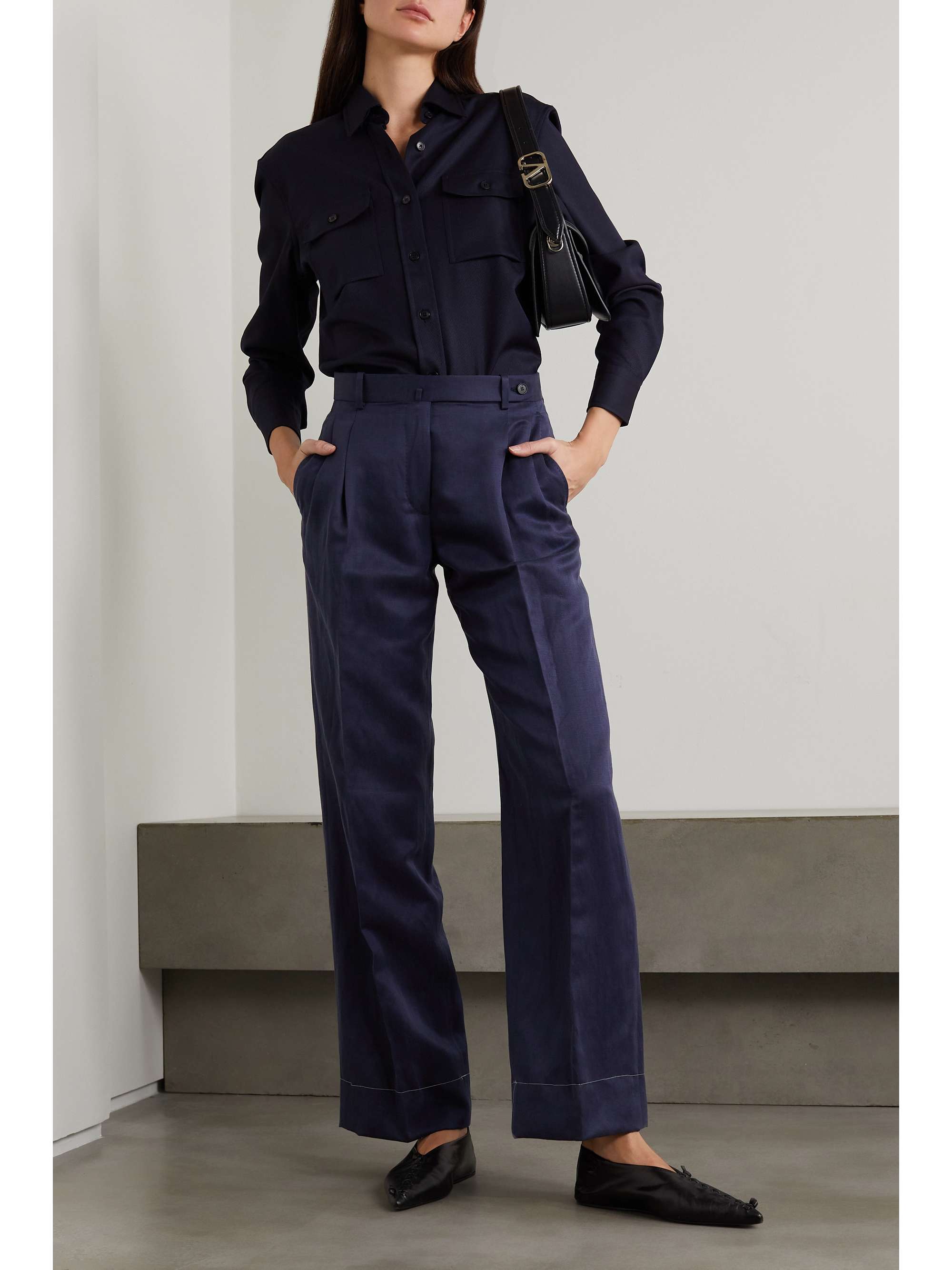 BRIONI Pleated silk and linen-blend twill straight-leg pants