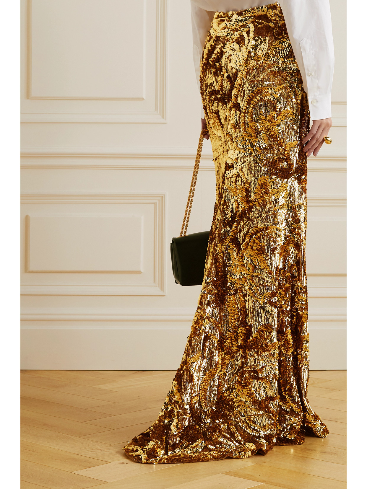 Shop Valentino Sequined Tulle Maxi Skirt In Gold