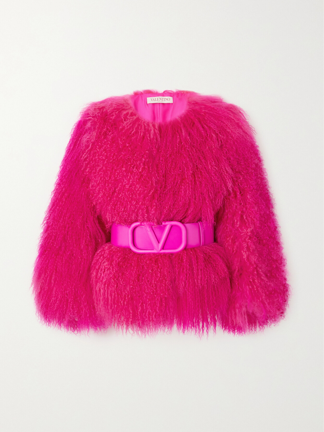 Valentino Belted Leather-trimmed Shearling Coat In Pink