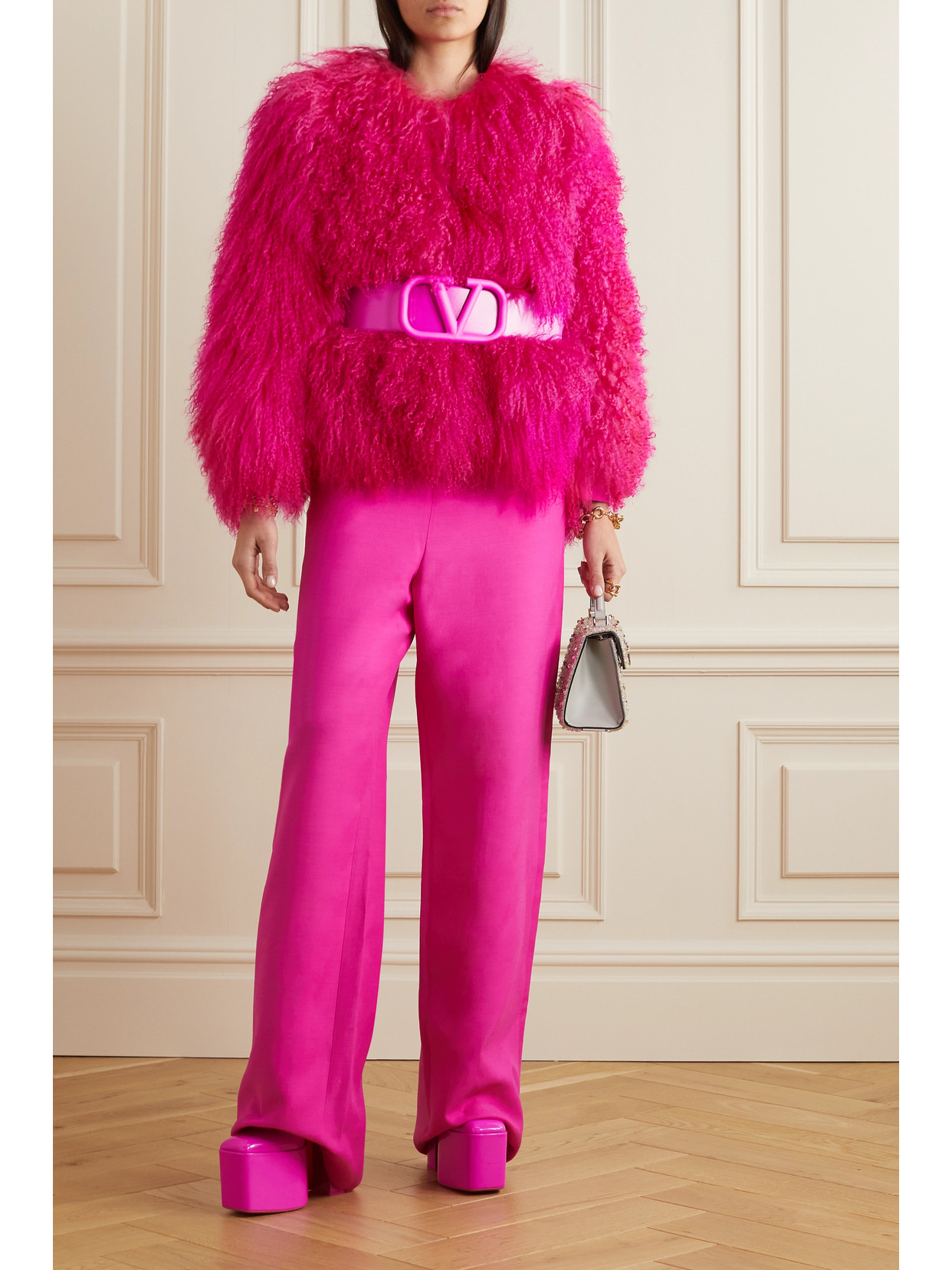 Valentino Belted Leathertrimmed Shearling Coat In Pink ModeSens