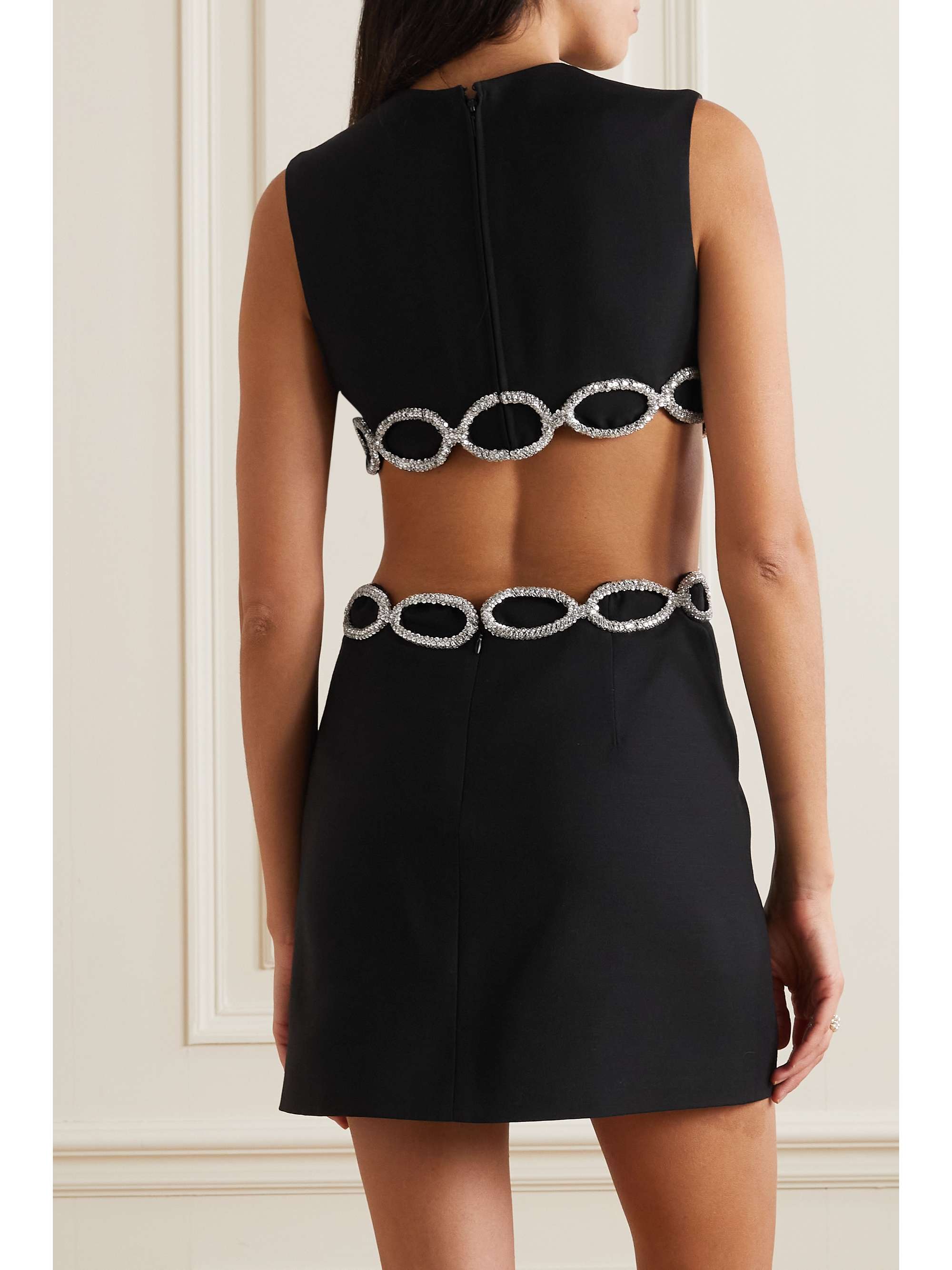 VALENTINO GARAVANI Embellished cutout wool and silk-blend mini dress