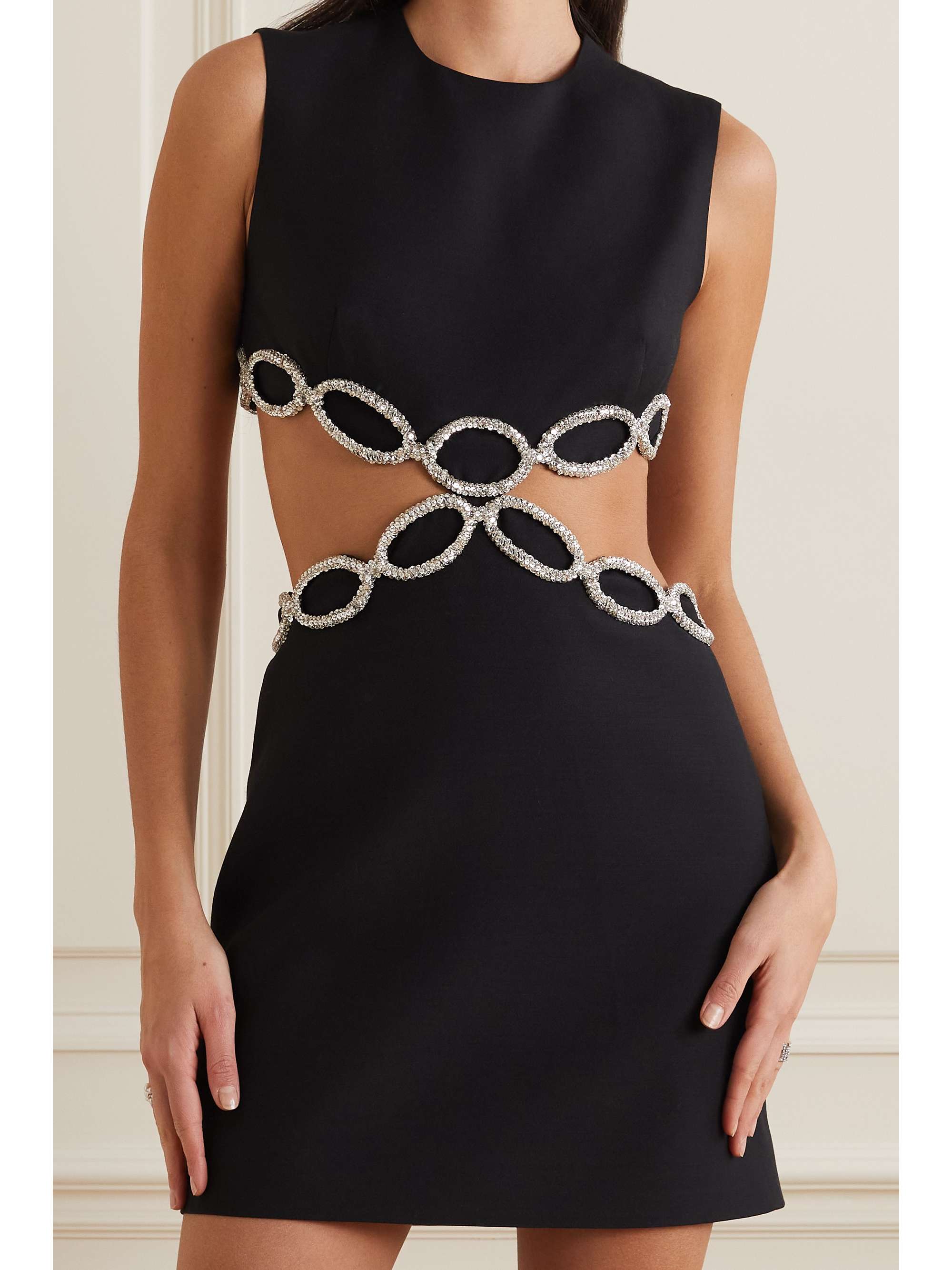 VALENTINO GARAVANI Embellished cutout wool and silk-blend mini dress