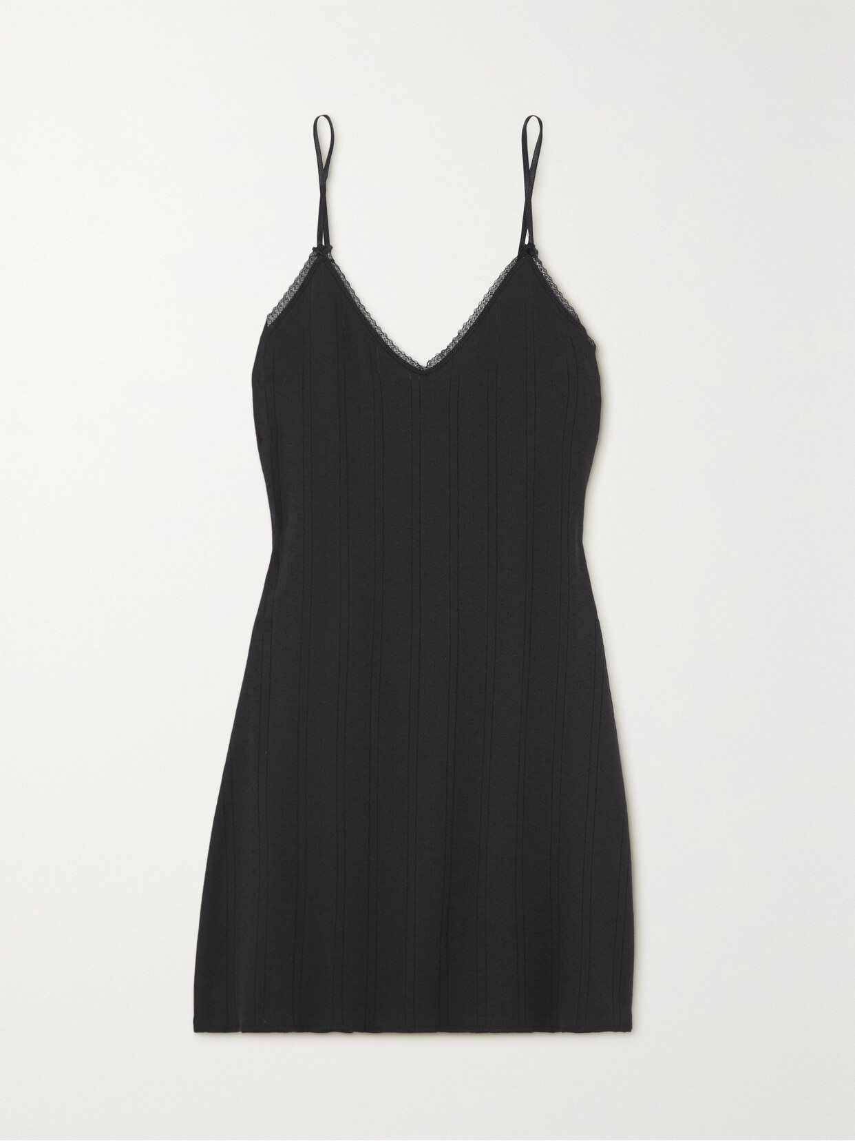 Cou Cou - Lace-trimmed Pointelle-knit Organic Cotton Slip Dress - Black