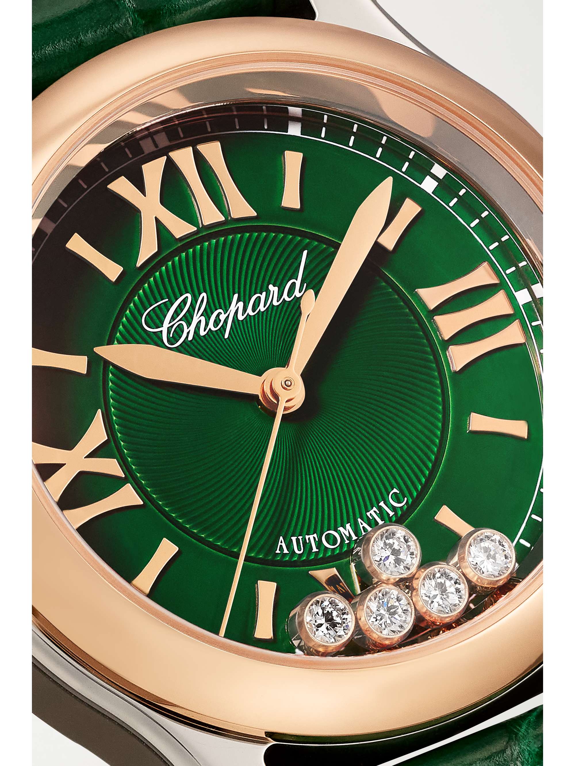 CHOPARD Happy Sport Automatic 30mm 18-karat rose gold, stainless steel, alligator and diamond watch