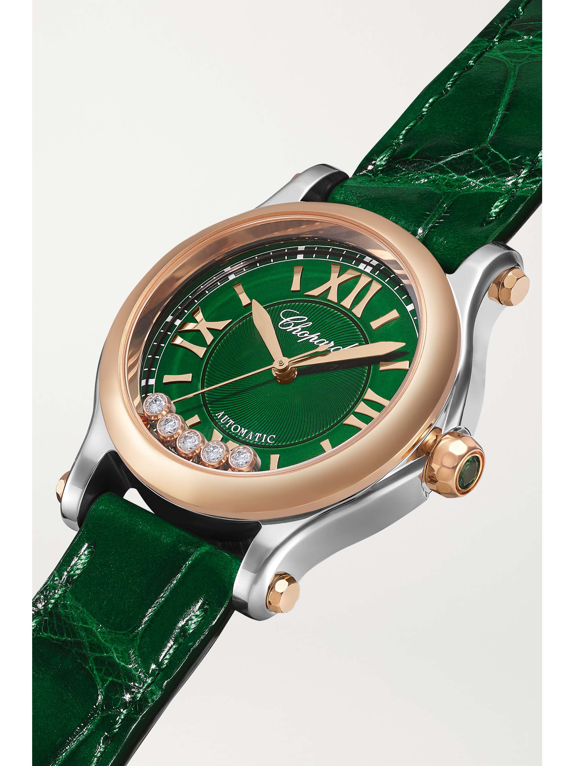 CHOPARD Happy Sport Automatic 30mm 18-karat rose gold, stainless steel, alligator and diamond watch