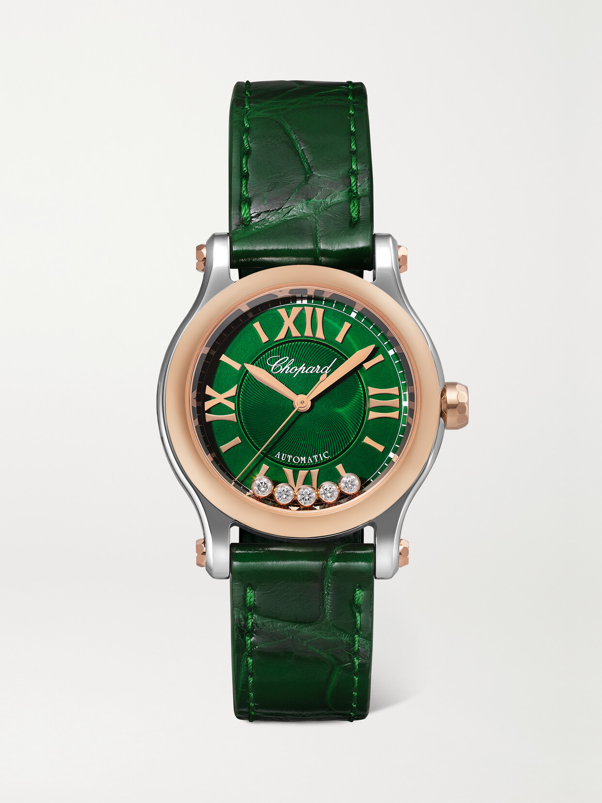 Chopard - Happy Sport Automatic 30mm 18-karat Rose Gold, Stainless Steel, Alligator And Diamond Watch - Green