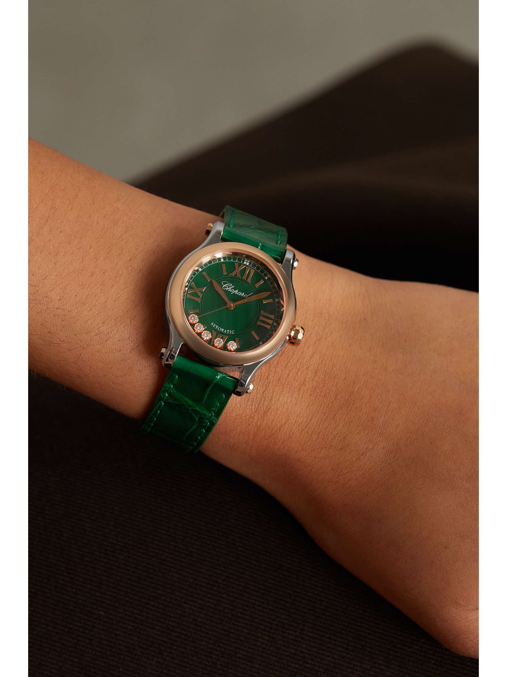 CHOPARD Happy Sport Automatic 30mm 18-karat rose gold, stainless steel, alligator and diamond watch